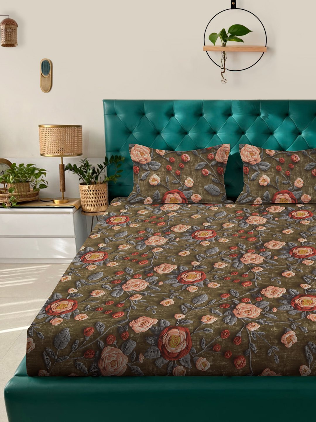 Olive Floral 7D King Size Cotton Blend Double Bedsheet with 2 Pillow Covers