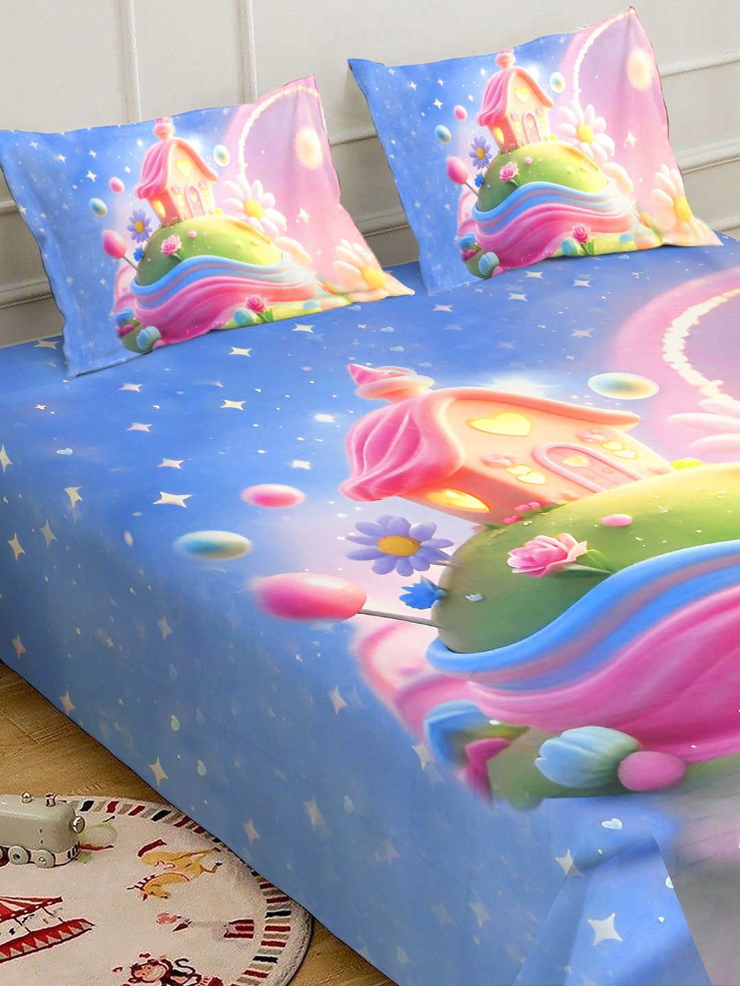 Blue 7D Cartoon Characters Printed Cotton Blend Double Bedsheet with 2 Pillow Covers