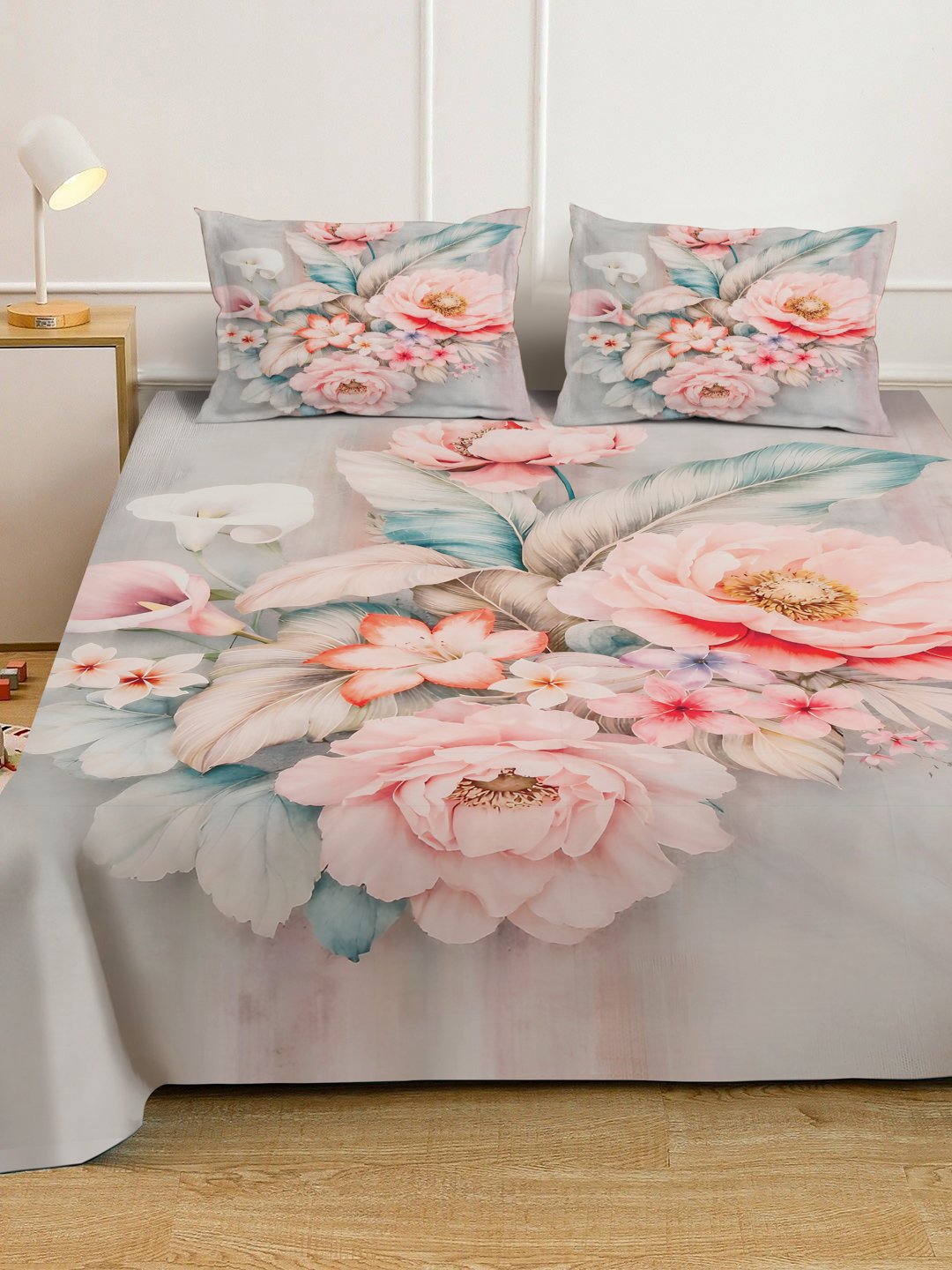 Multi Digital Floral Printed Cotton Blend Double Bedsheet with 2 Pillow Covers