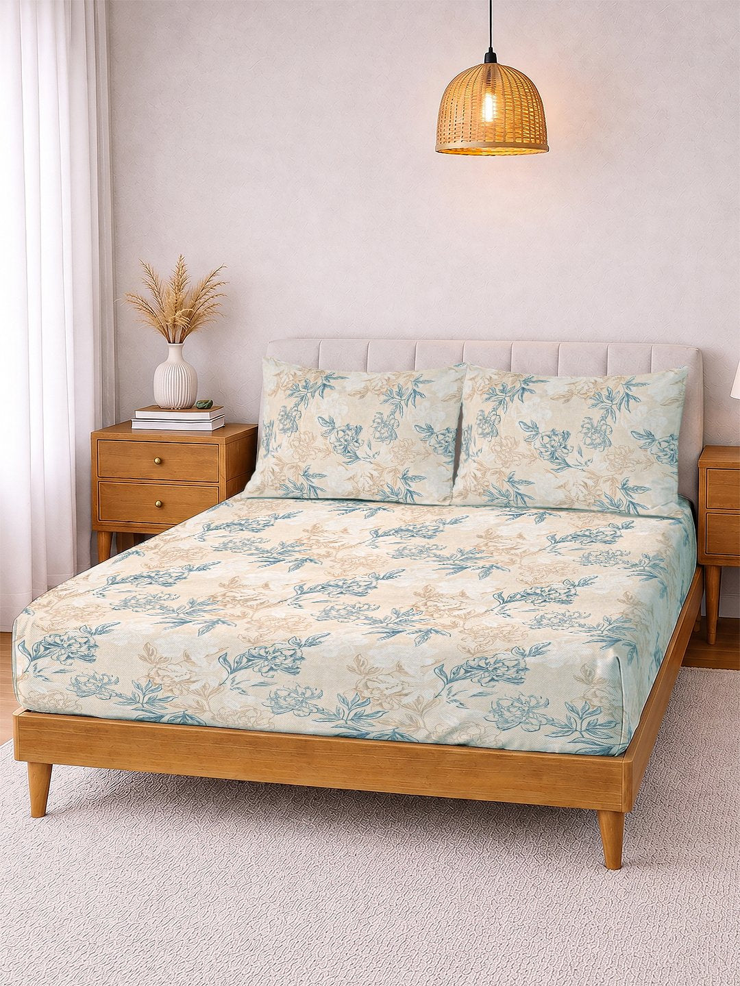 Cream Floral Cotton Blend Double Bedsheet with 2 Pillow Covers