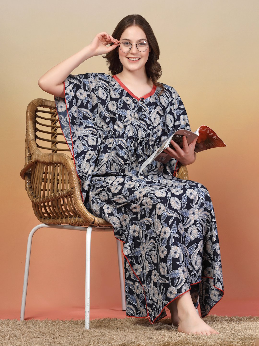 NavyBlue Floral Cotton Blend Kaftan Maxi Nightdress