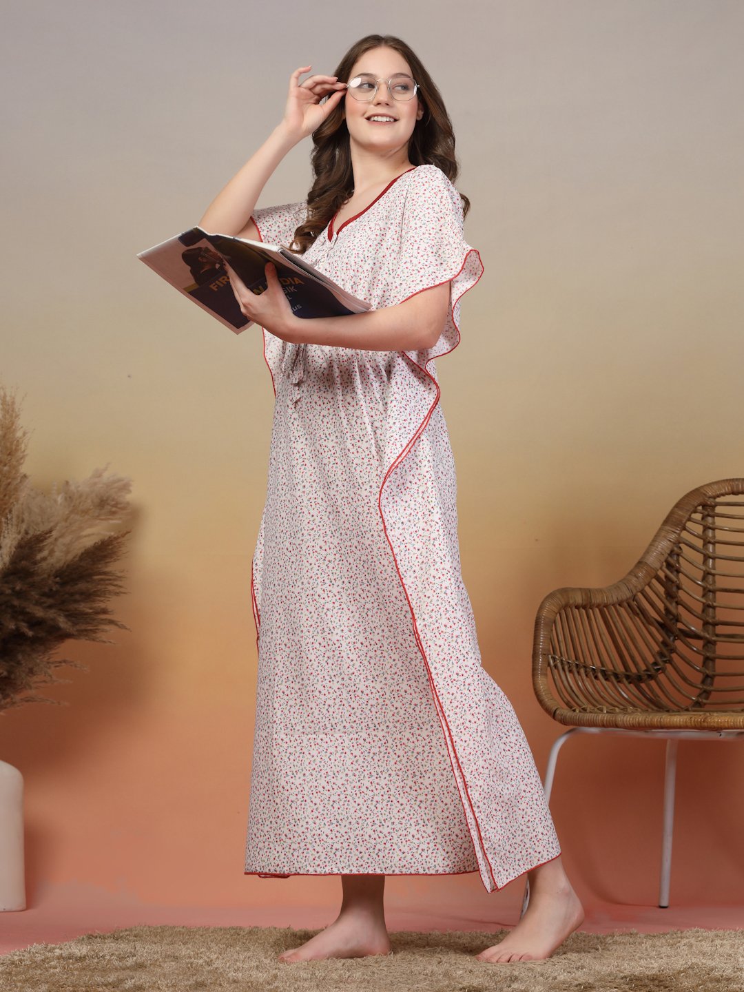 White Floral Cotton Blend Kaftan Maxi Nightdress