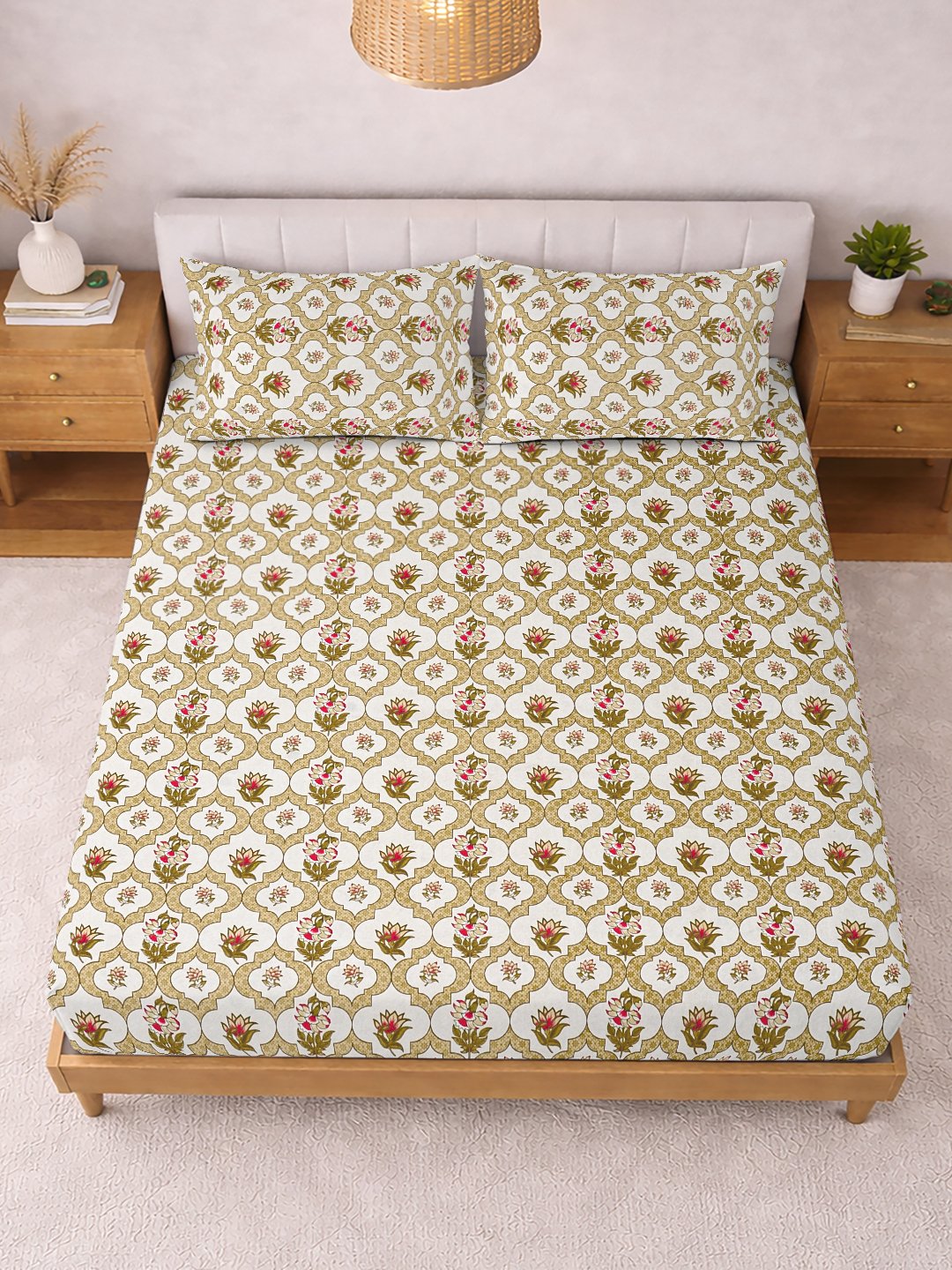 Yellow Floral Cotton Blend Fitted Double Bedsheet with 2 Pillow Covers