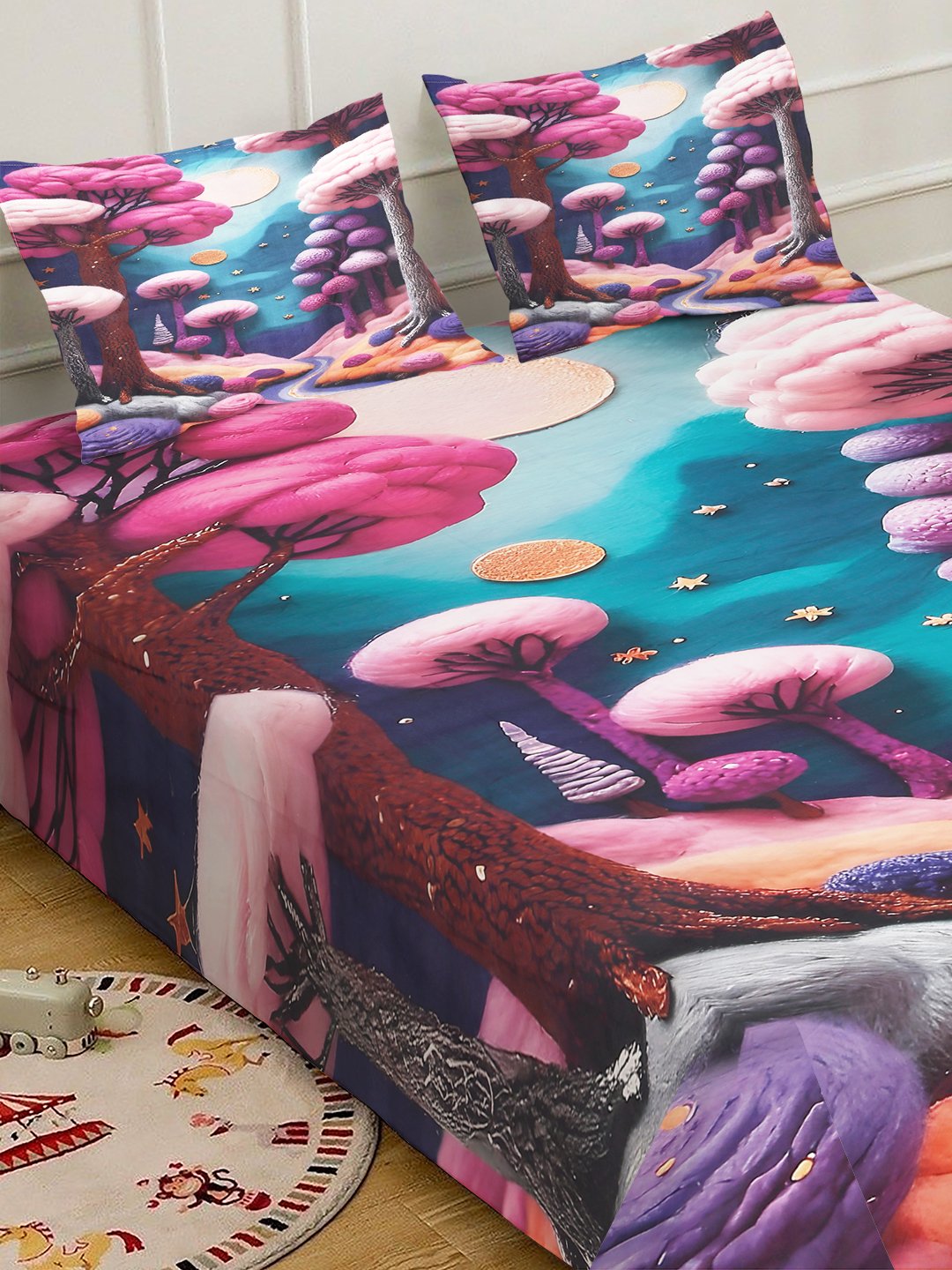 Purple 7D Floral Printed Fitted Cotton Blend Double Bedsheet with 2 Pillow Covers