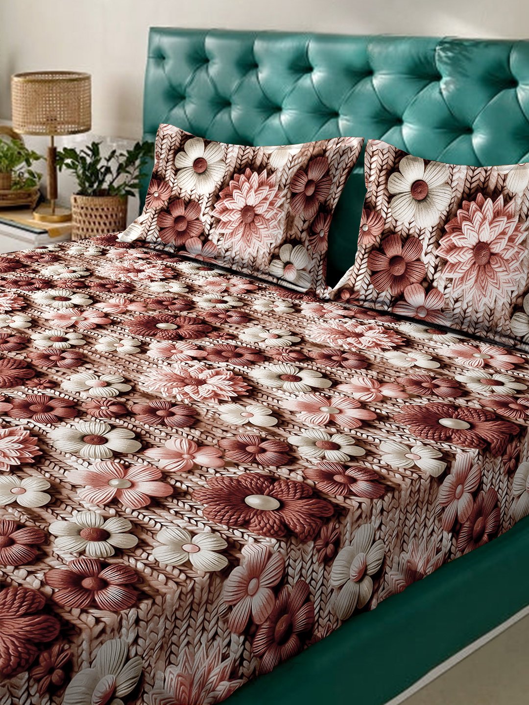 Brown Floral 7D King Size Cotton Blend Fitted Double Bedsheet with 2 Pillow Covers