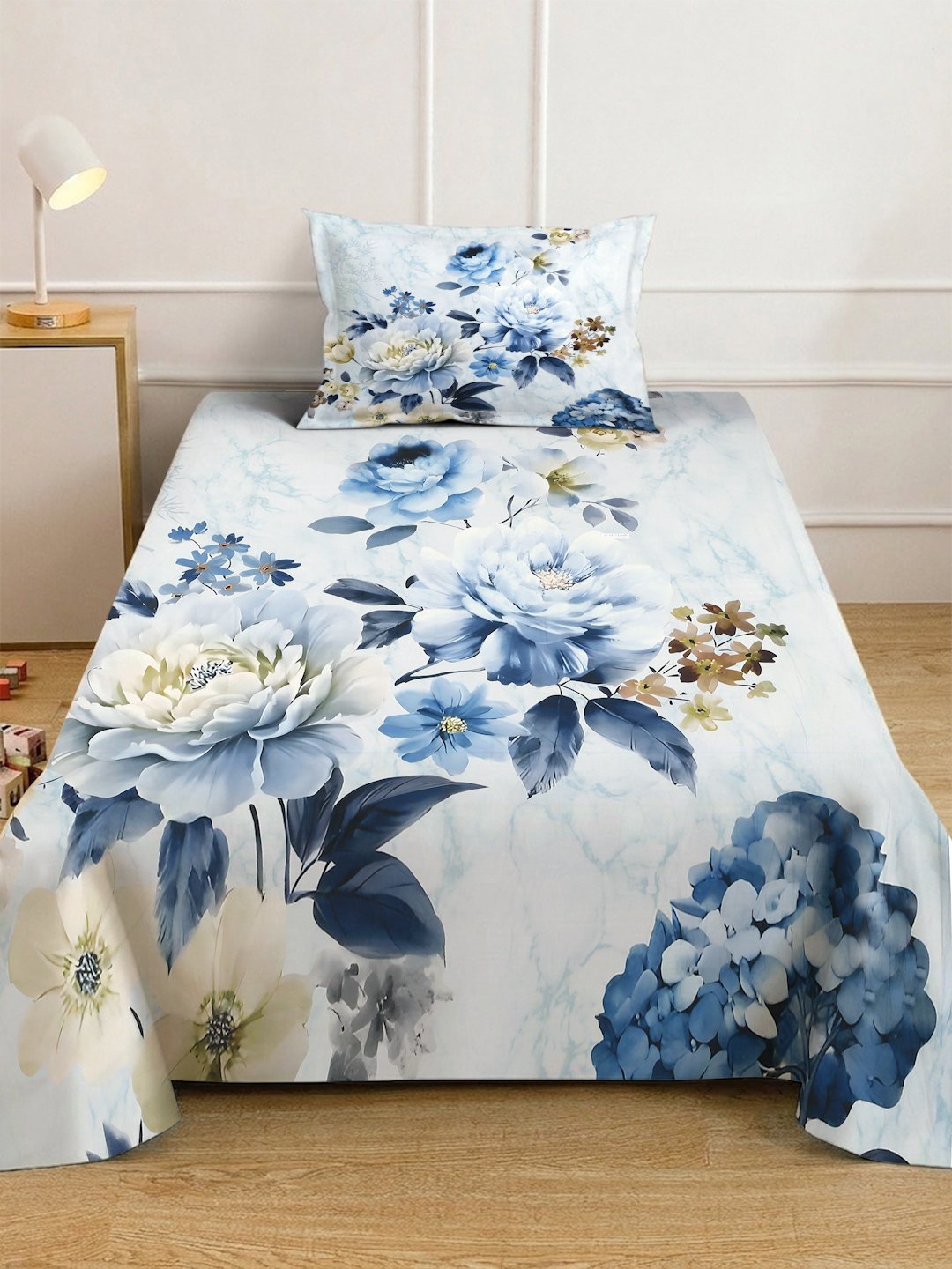 Blue Digital Floral Printed Cotton Blend Single Bedsheet with Pillow Cover
