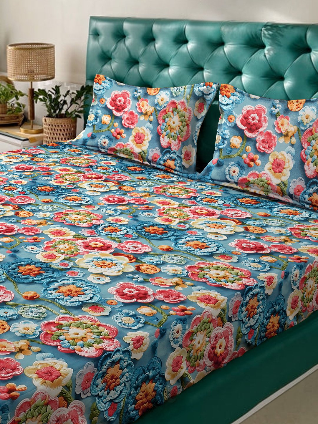 Blue Floral 7D King Size Cotton Blend Double Bedsheet with 2 Pillow Covers