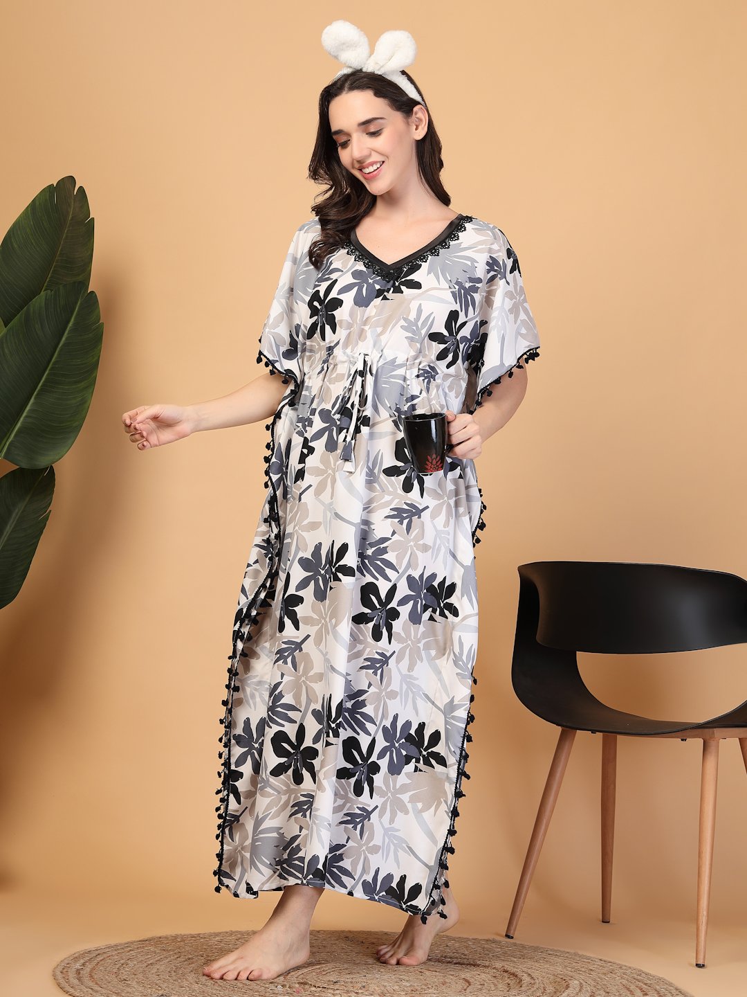 Grey Floral Cotton Blend Kaftan Maxi Nightdress