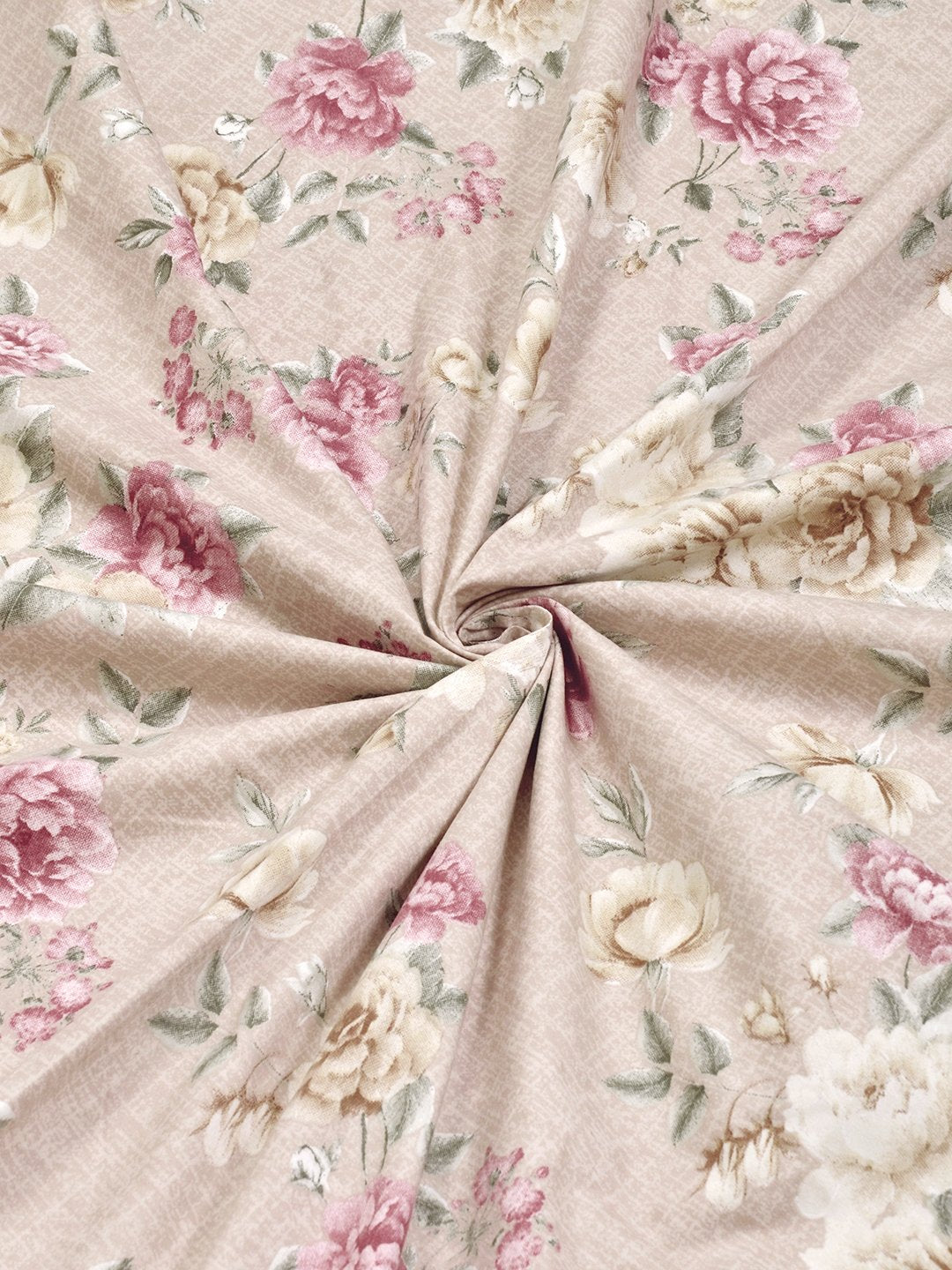 Beige Floral 300 TC Cotton Blend Fitted Double Bedsheet with 2 Pillow Covers