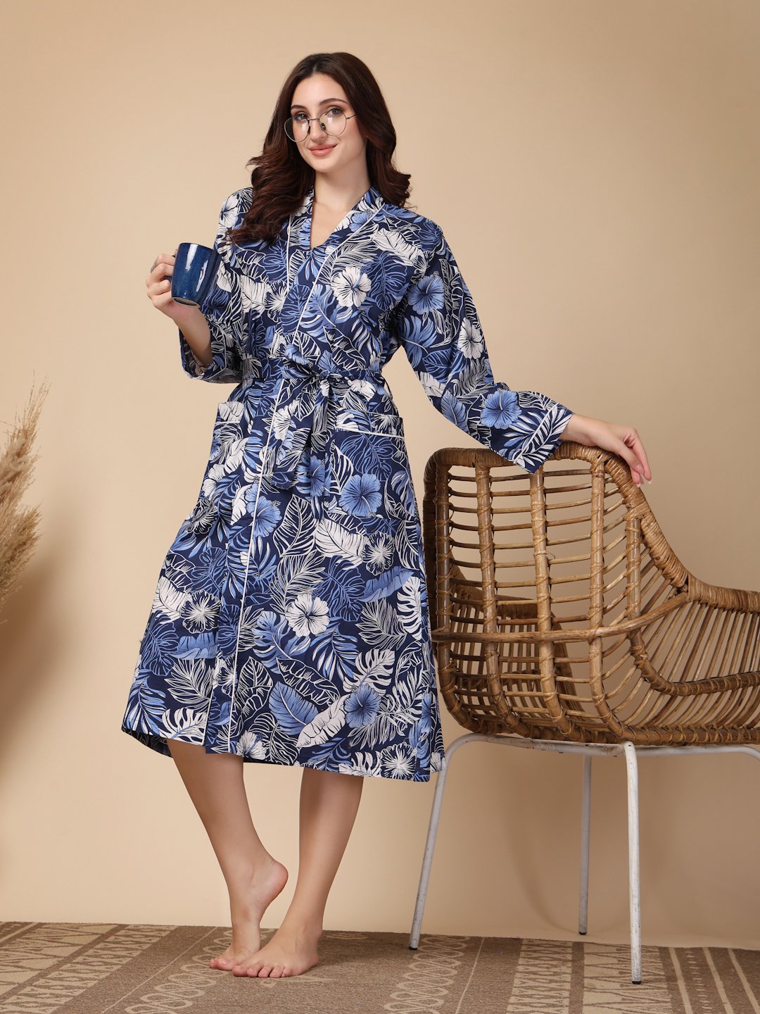 Women Printed Blue Floral Pure Cotton Bath Robe With Belt