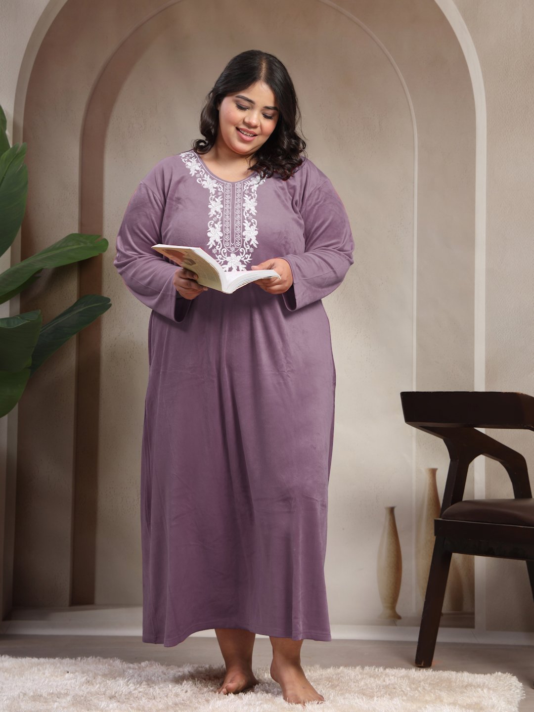Klotthe Purple Solid Soft touch Velvet Maxi Nightdress