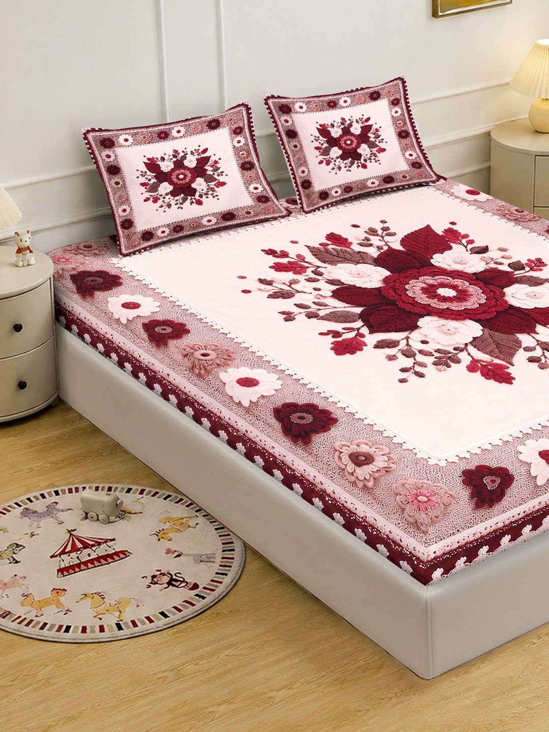 Digital Printed Maroon Floral Cotton Blend Double Bedsheet with 2 Pillow Covers