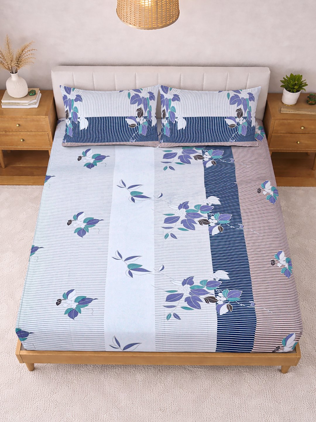 Multi Floral Cotton Blend Double Bedsheet with 2 Pillow Covers