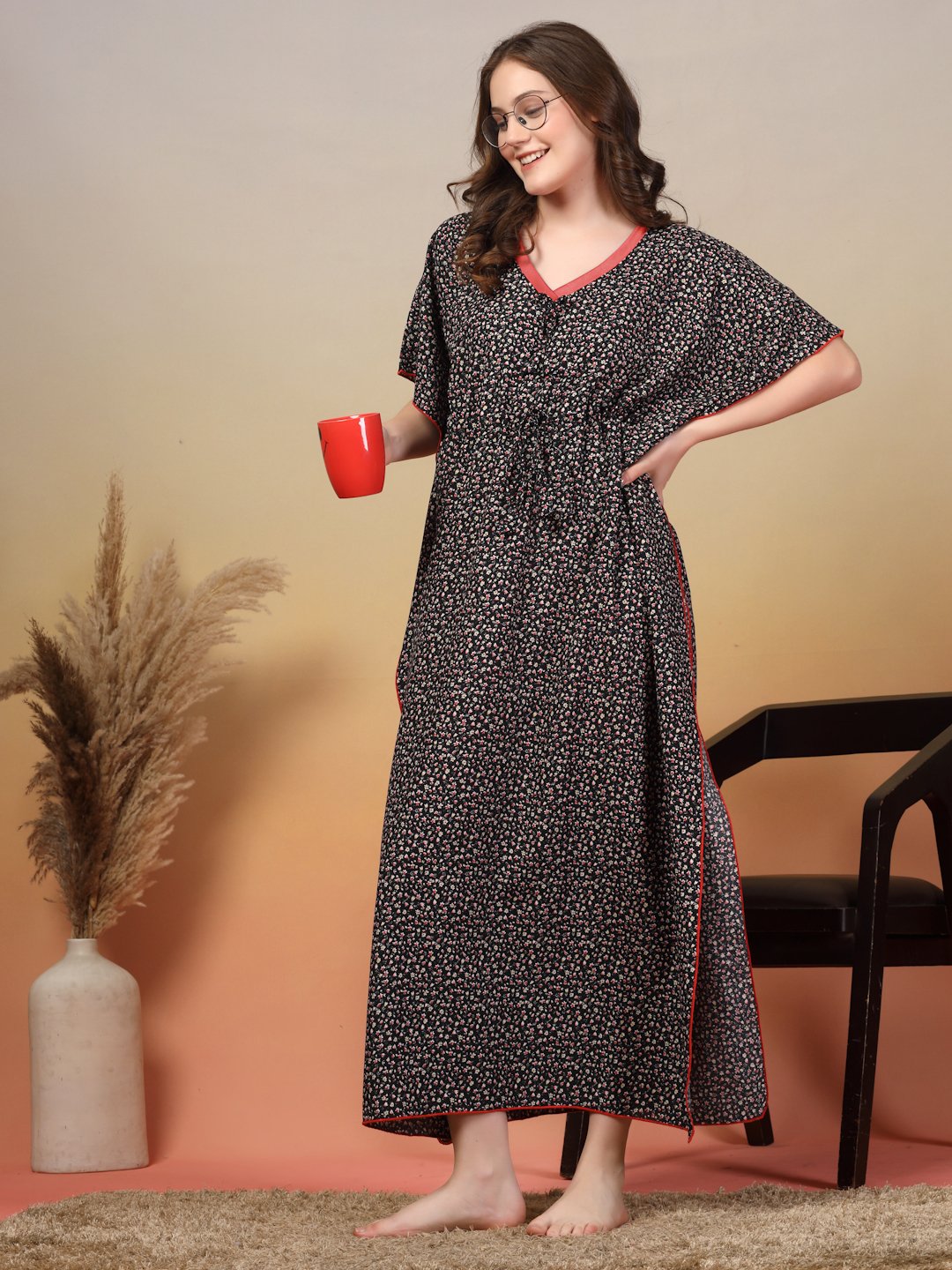 Black Floral Cotton Blend Kaftan Maxi Nightdress