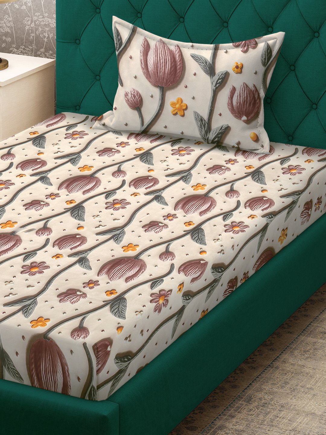 Cream Floral 7D Cotton Blend Single Bedsheet with Pillow Cover