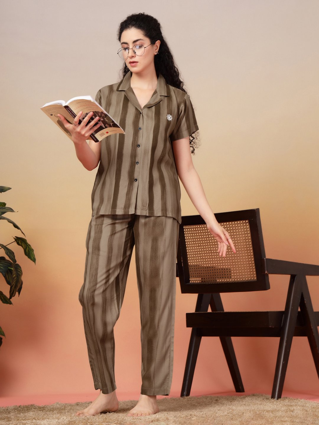 Women Brown Striped Pure Cotton Night Suit