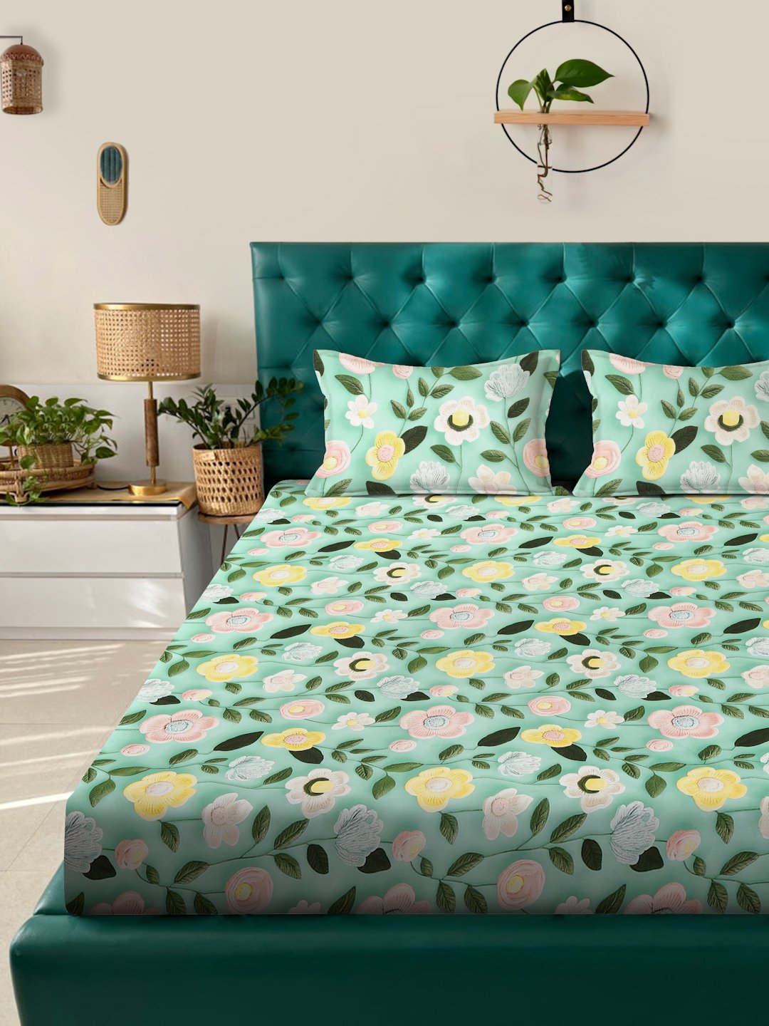 Green Floral 7D King Size Cotton Blend Fitted Double Bedsheet with 2 Pillow Covers