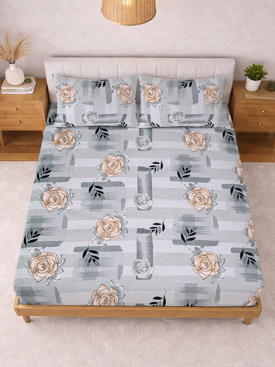 Grey Floral Cotton Blend Double Bedsheet with 2 Pillow Covers