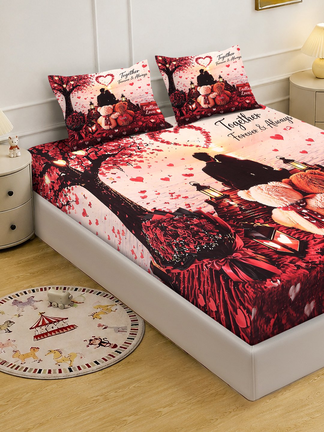 Digital Printed Red Conversational Cotton Blend Double Bedsheet with 2 Pillow Covers