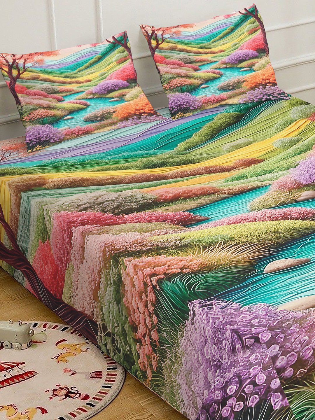 Multi 7D Floral Printed Cotton Blend Double Bedsheet with 2 Pillow Covers