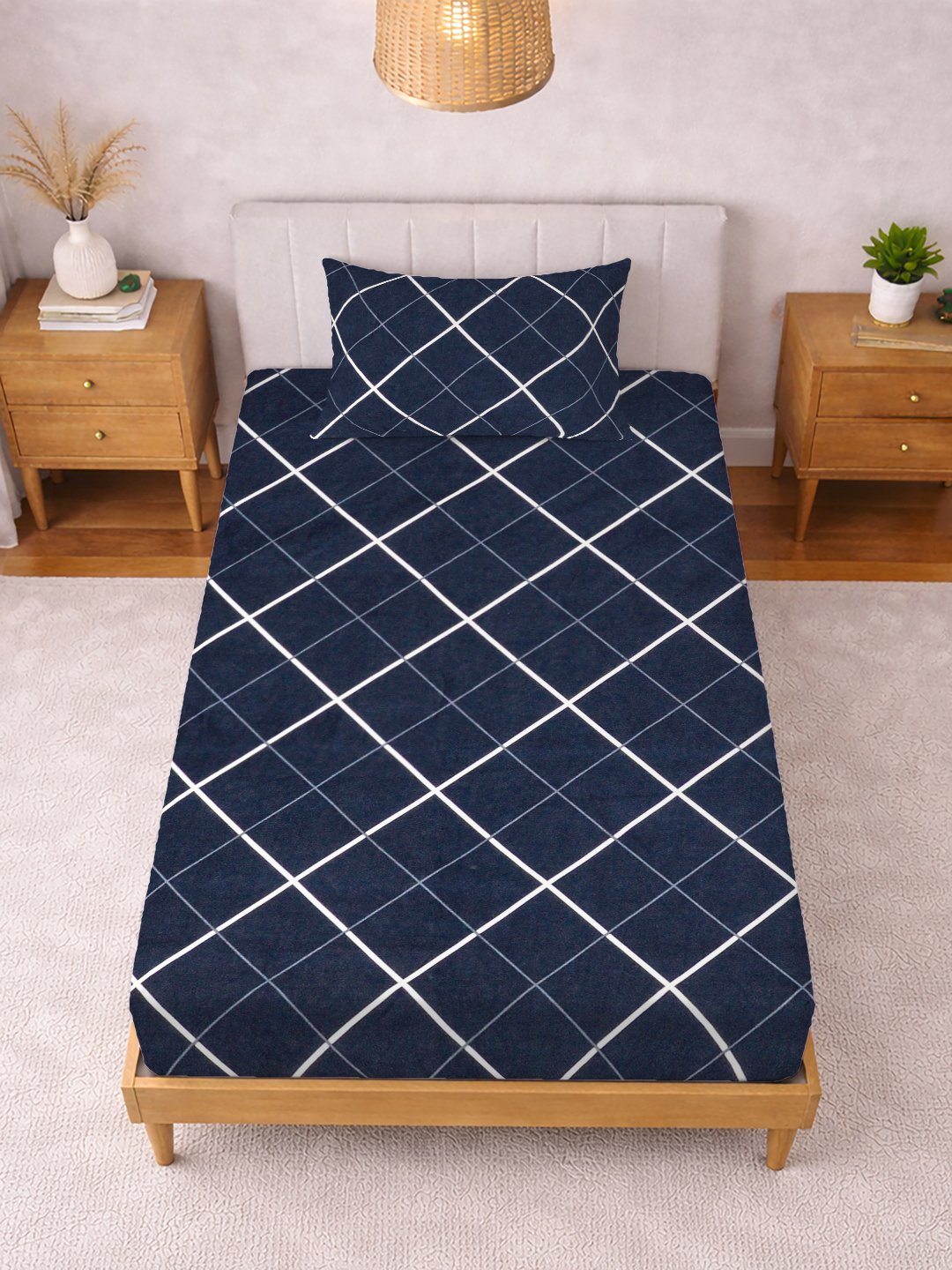 Blue Geometric Cotton Blend Single Bedsheet with Pillow Cover
