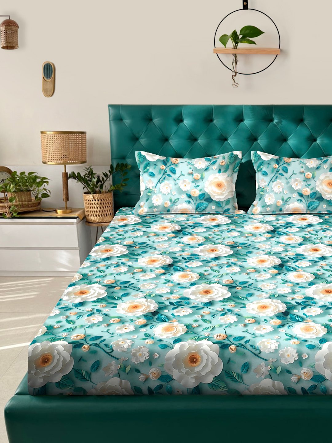 Turquoise Floral 7D King Size Cotton Blend Double Bedsheet with 2 Pillow Covers