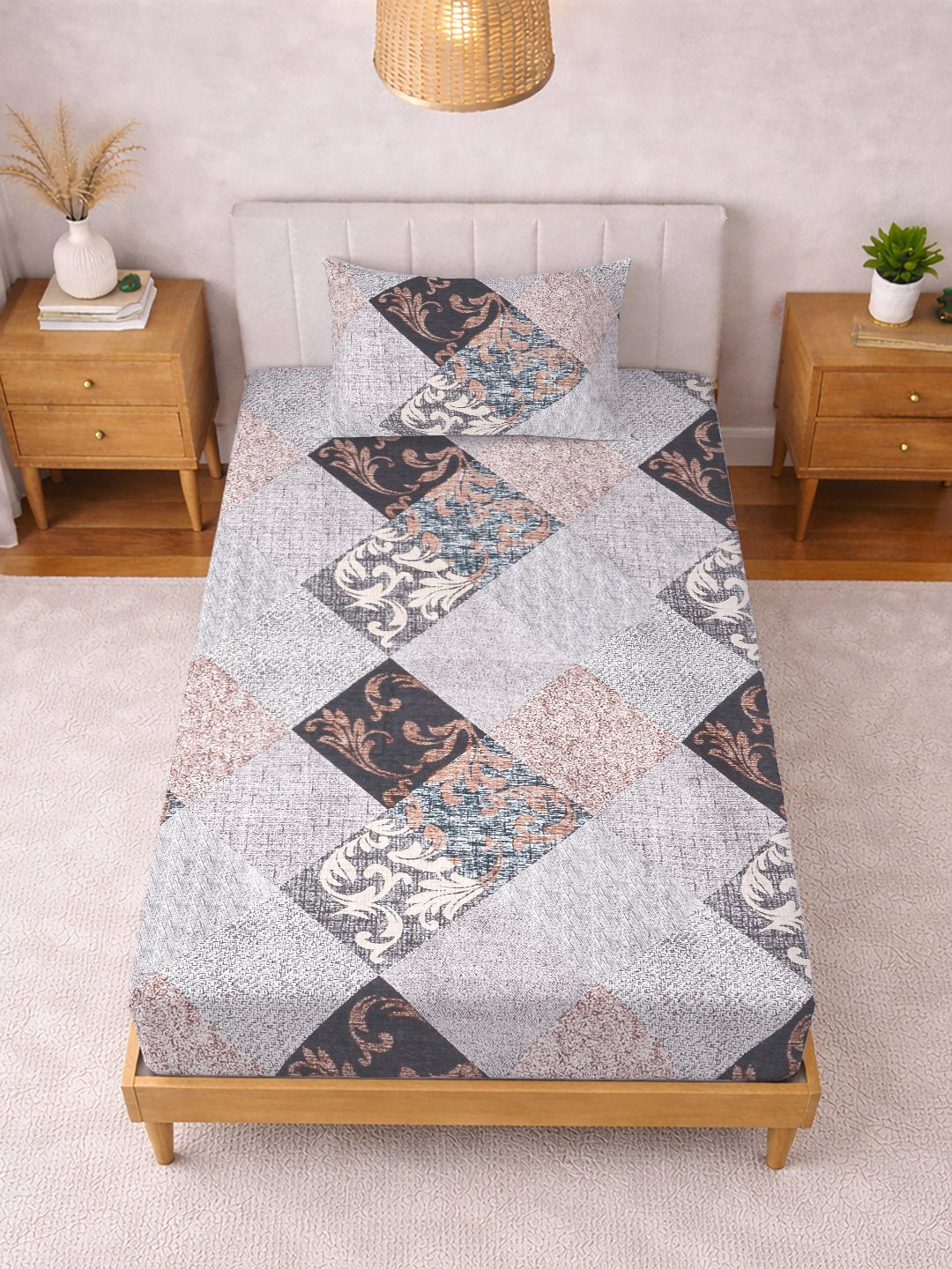Multi Geometric Cotton Blend Single Bedsheet with Pillow Cover