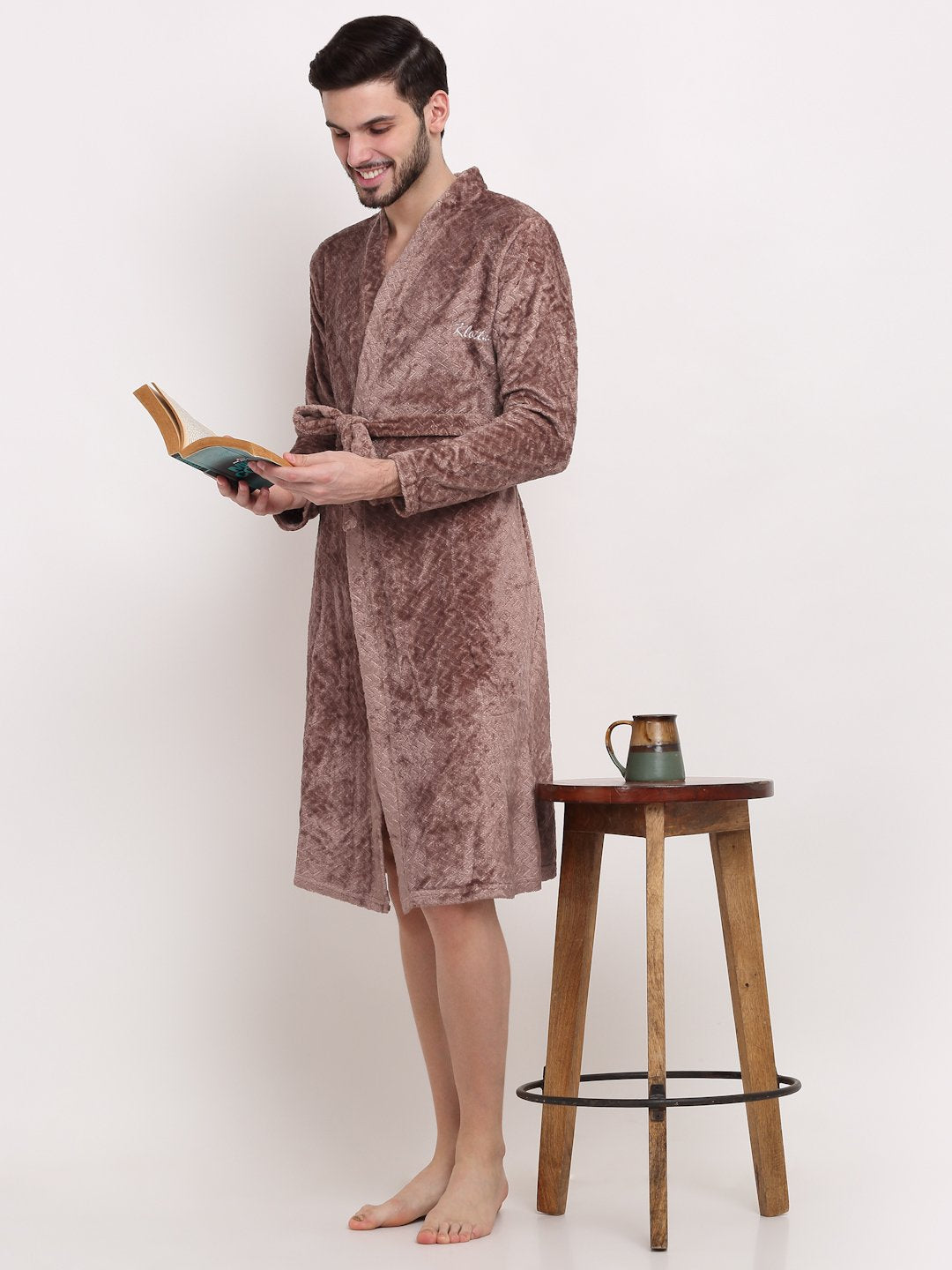 Men Brown Self Design Wool Bath Robe With Belt