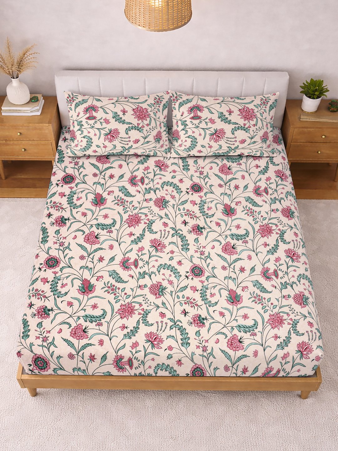 Beige Floral Cotton Blend Fitted Double Bedsheet with 2 Pillow Covers