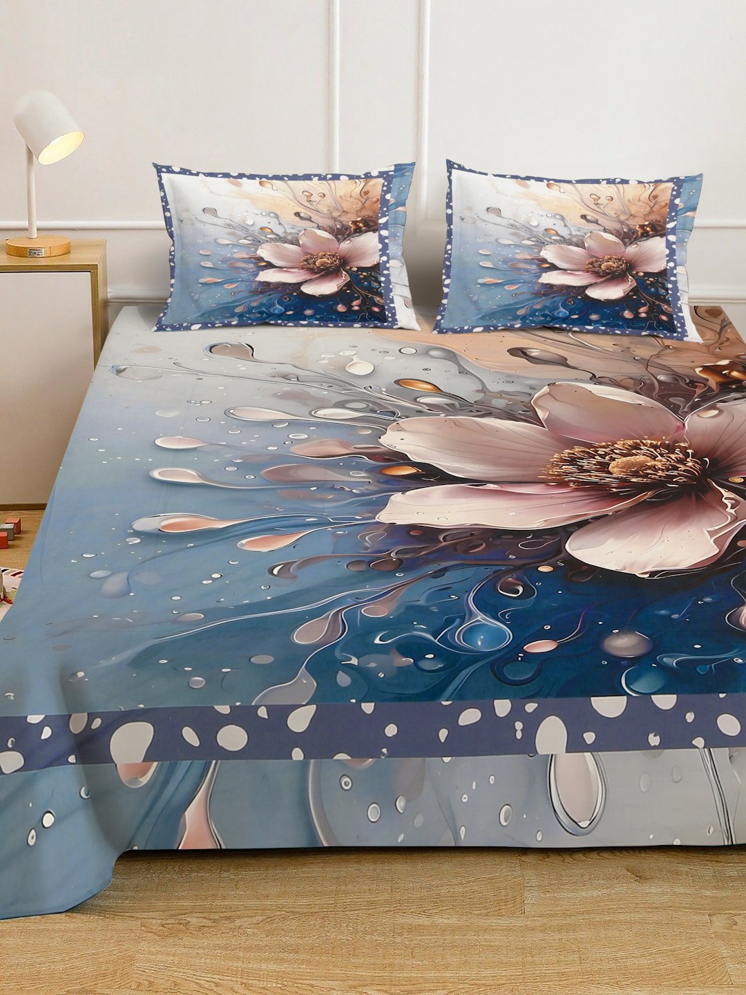 Blue Digital Floral Printed Cotton Blend Double Bedsheet with 2 Pillow Covers