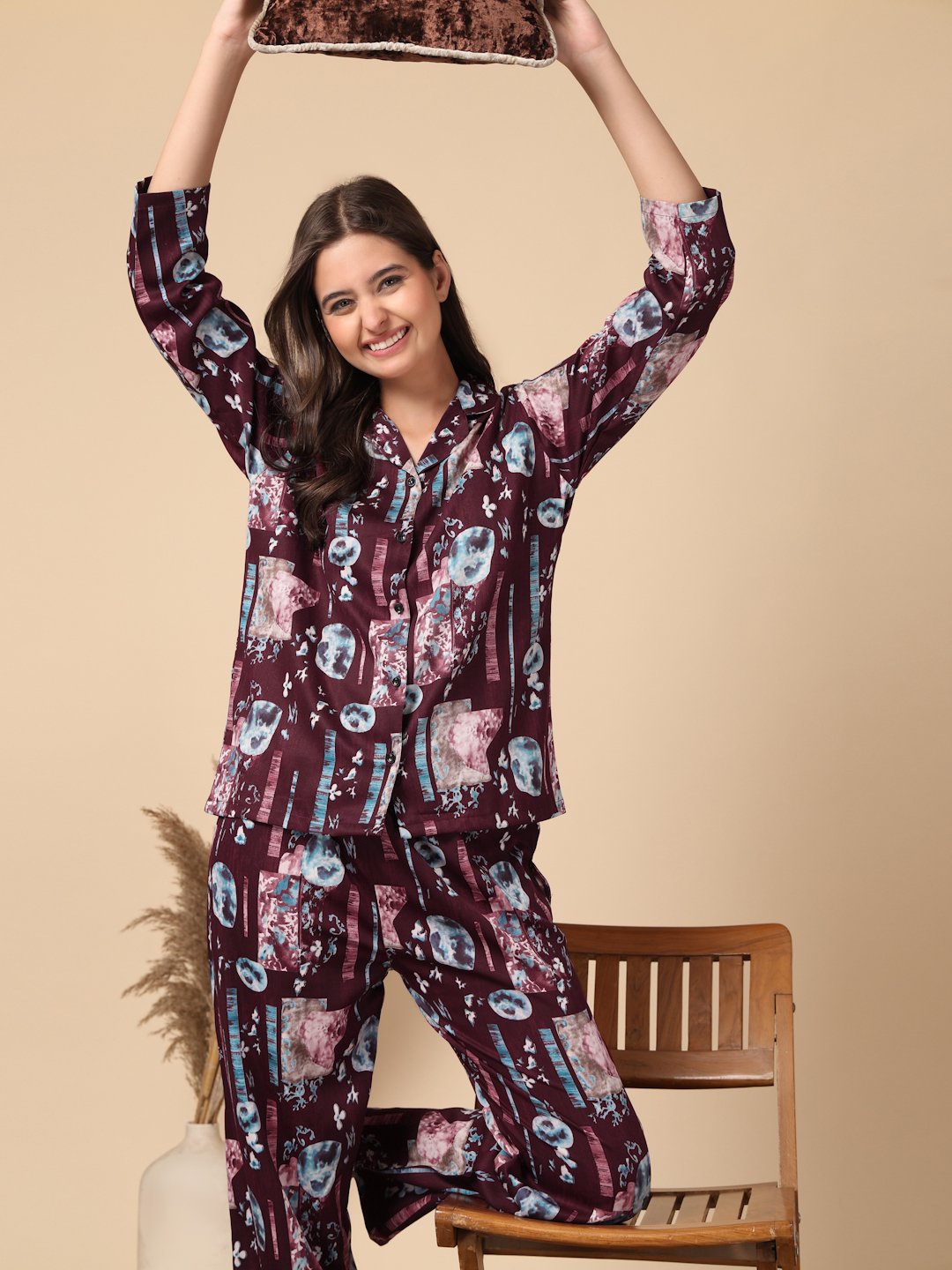 Maroon Geometric Cotton Blend Women Night Suit