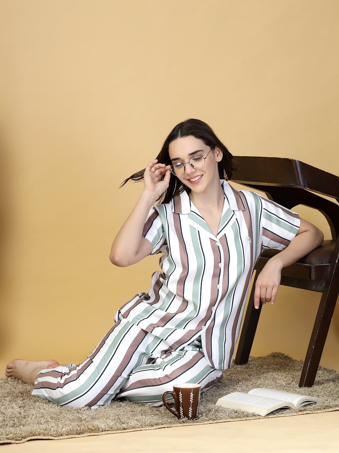 Women Multi Striped Cotton Blend Night Suit