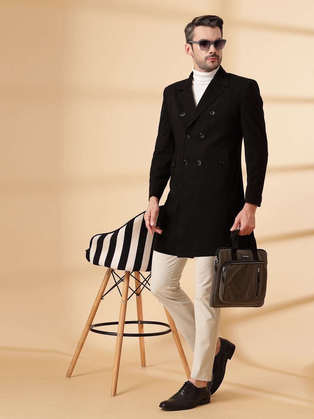 Black Long Sleeve Double-Breasted Woolen Coat