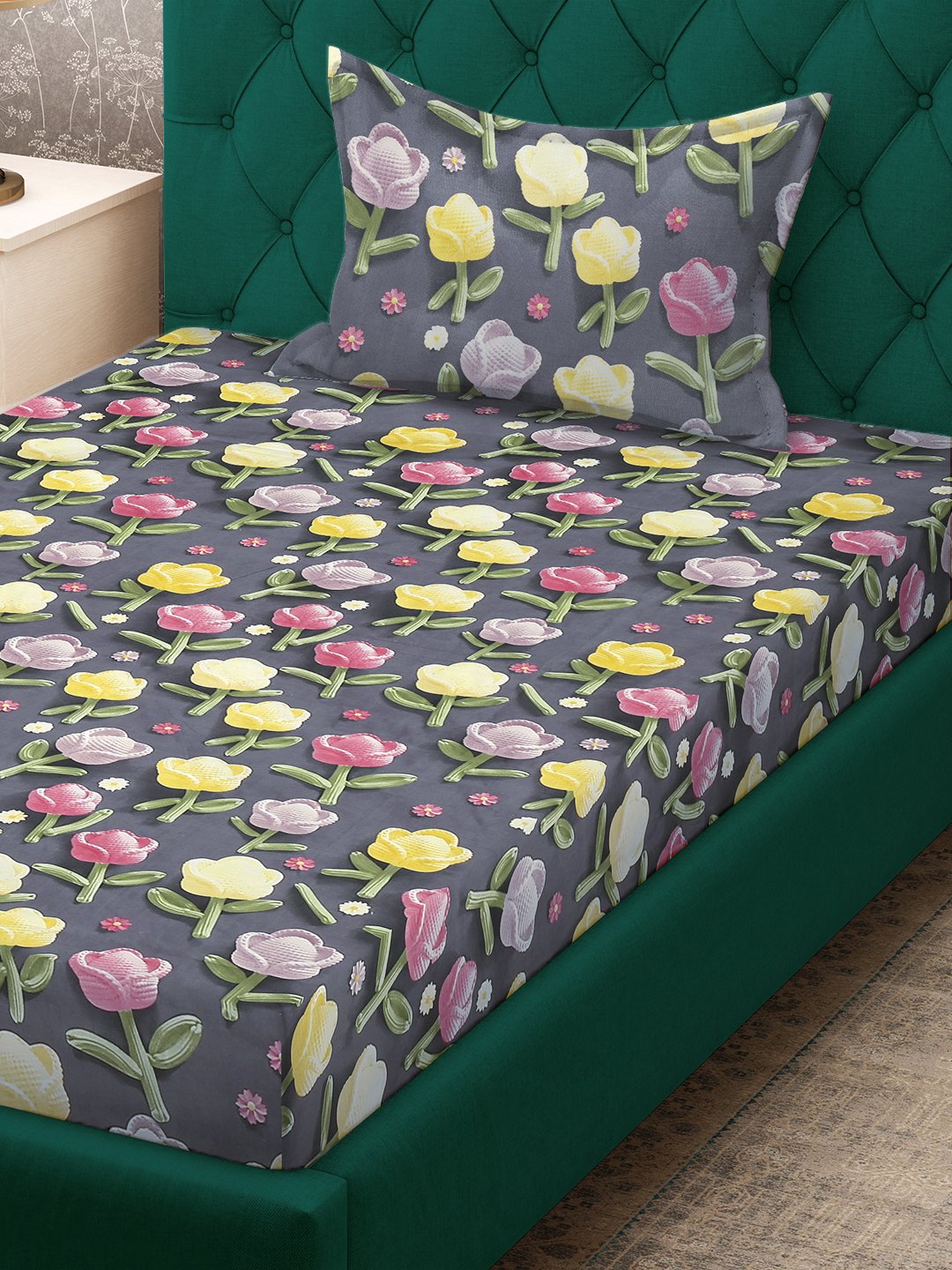 Grey Floral 7D Cotton Blend Fitted Single Bedsheet with Pillow Cover