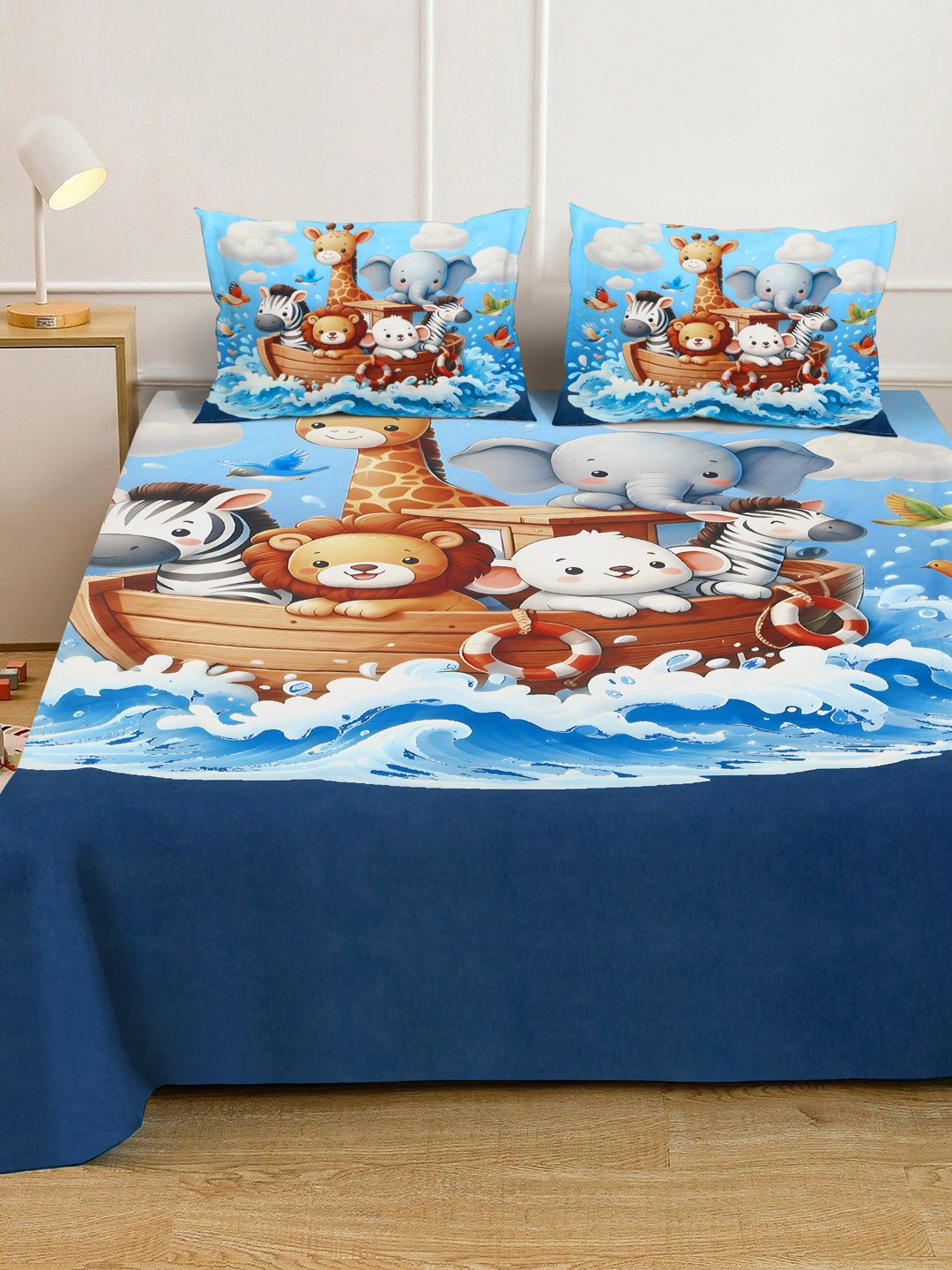 Multi Digital Animal Printed Cotton Blend Fitted Double Bedsheet with 2 Pillow Covers