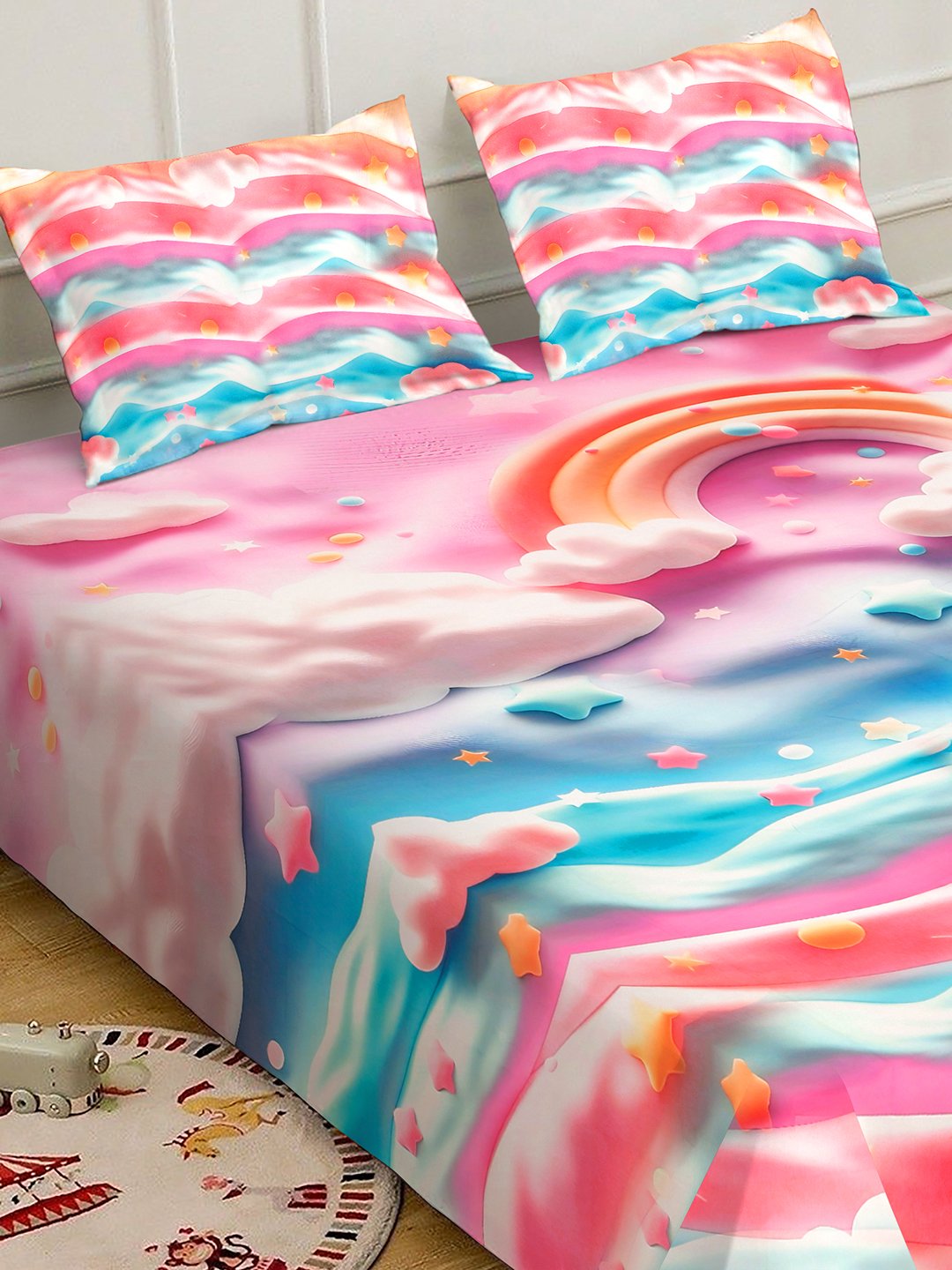 Multi 7D Cartoon Characters Printed Fitted Cotton Blend Double Bedsheet with 2 Pillow Covers
