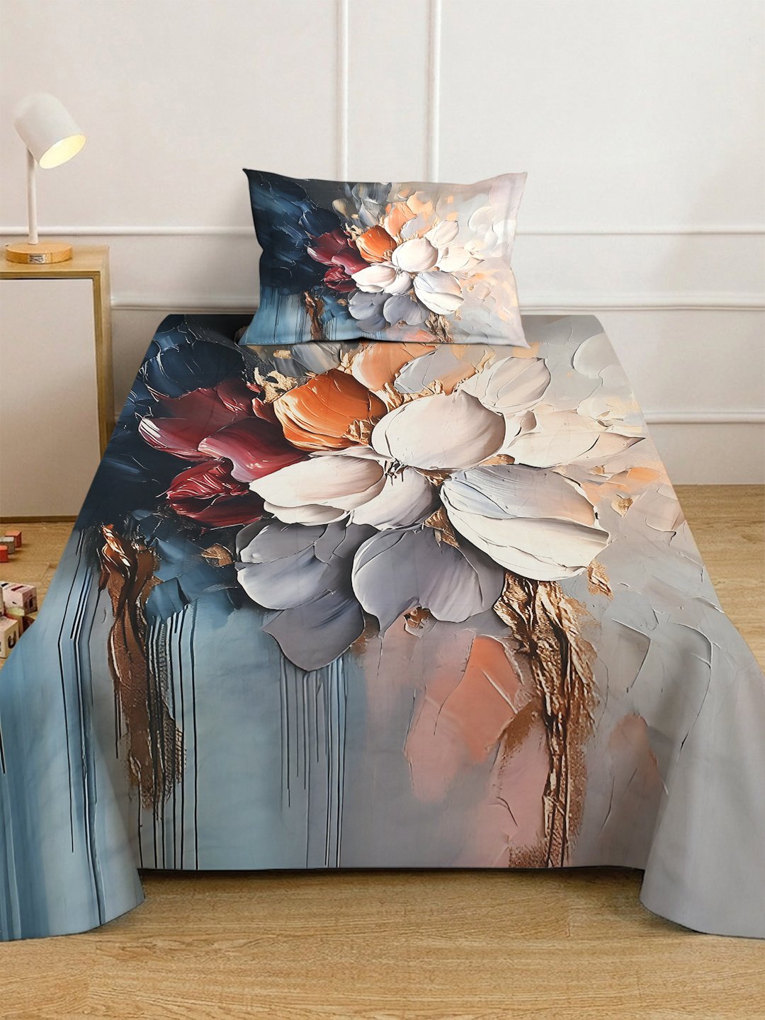 Multi Digital Floral Printed Cotton Blend Fitted Single Bedsheet with Pillow Cover