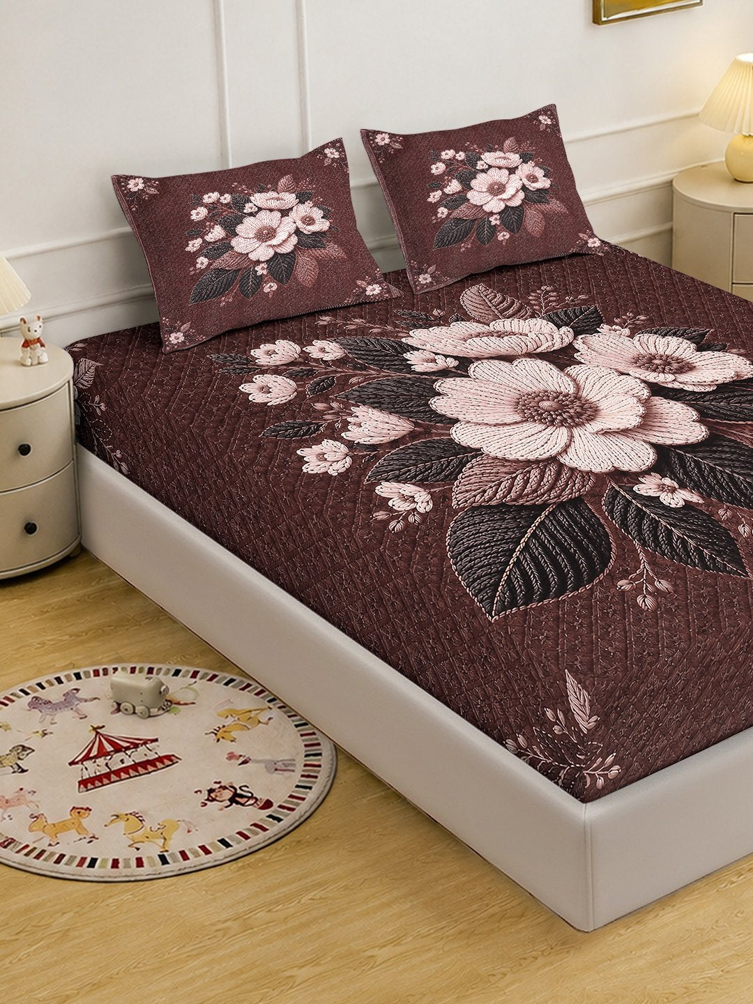 Digital Printed Brown Floral Cotton Blend Double Bedsheet with 2 Pillow Covers