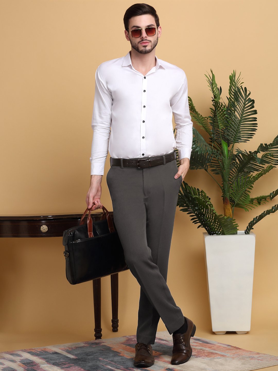 Brown Lycra Cotton Elastic Solid Slim Fit Formal Trouser