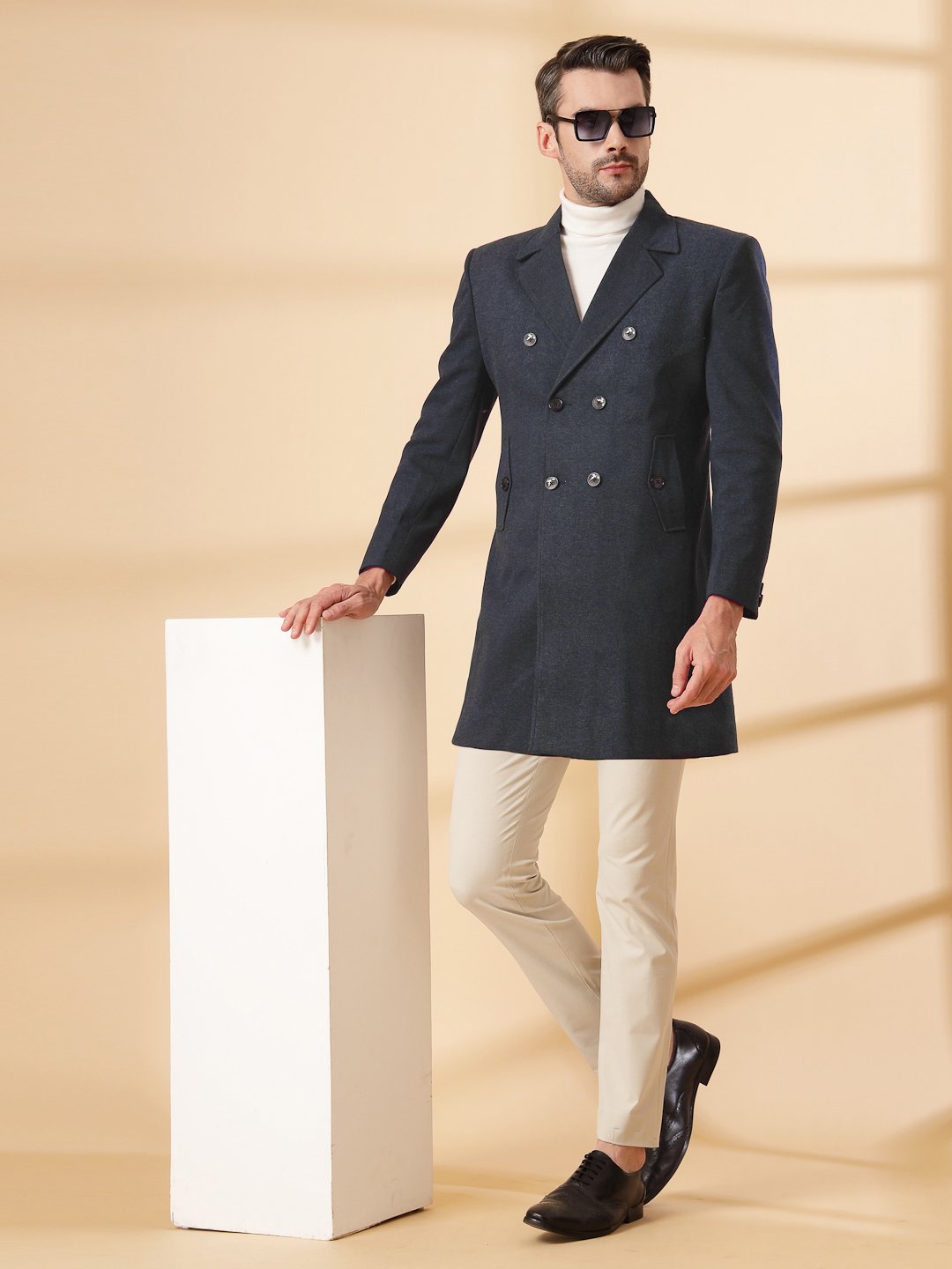 NavyBlue Long Sleeve Double-Breasted Woolen Coat