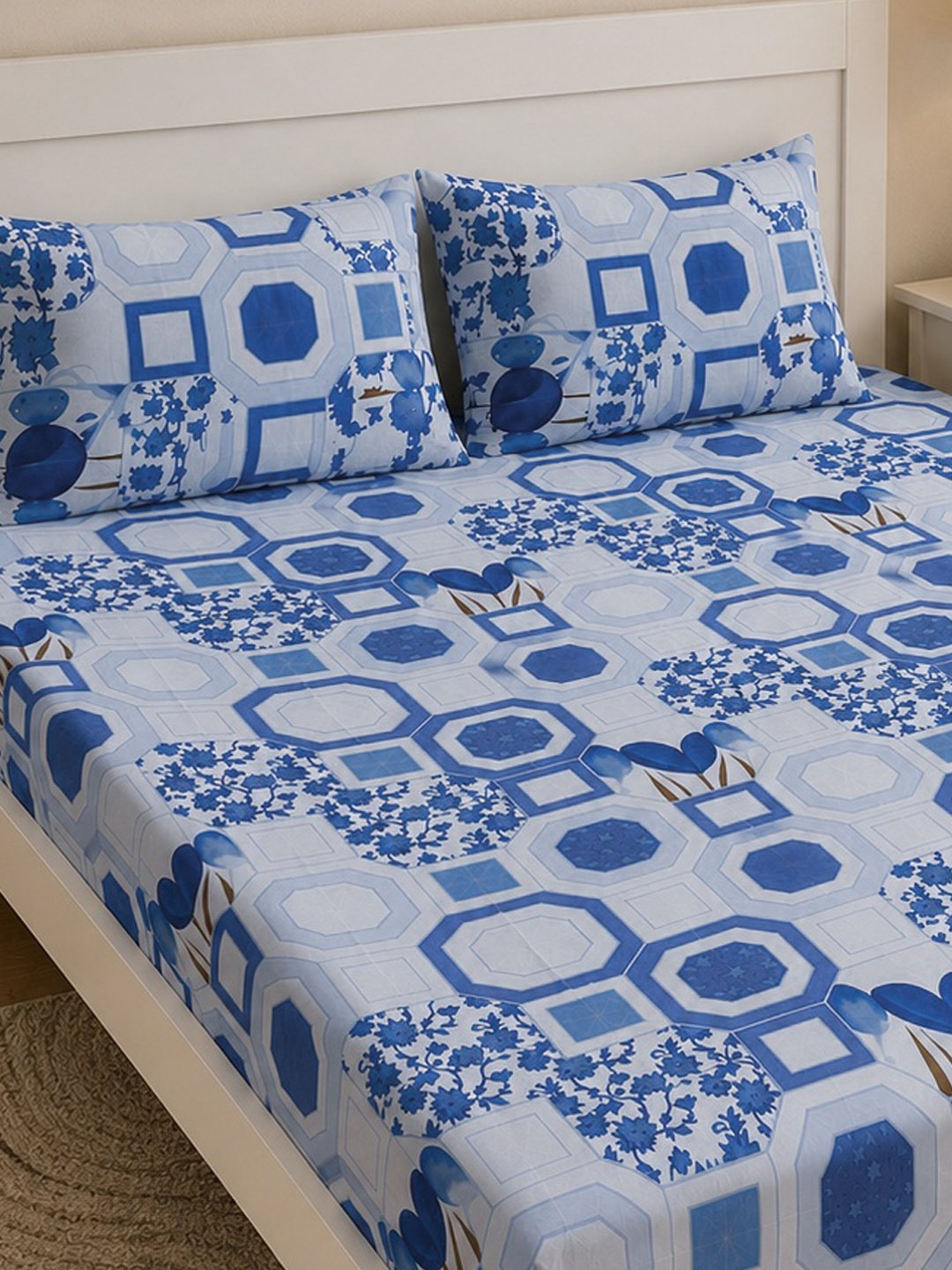 Blue Geometric Cotton Blend Fitted Double Bedsheet with 2 Pillow Covers