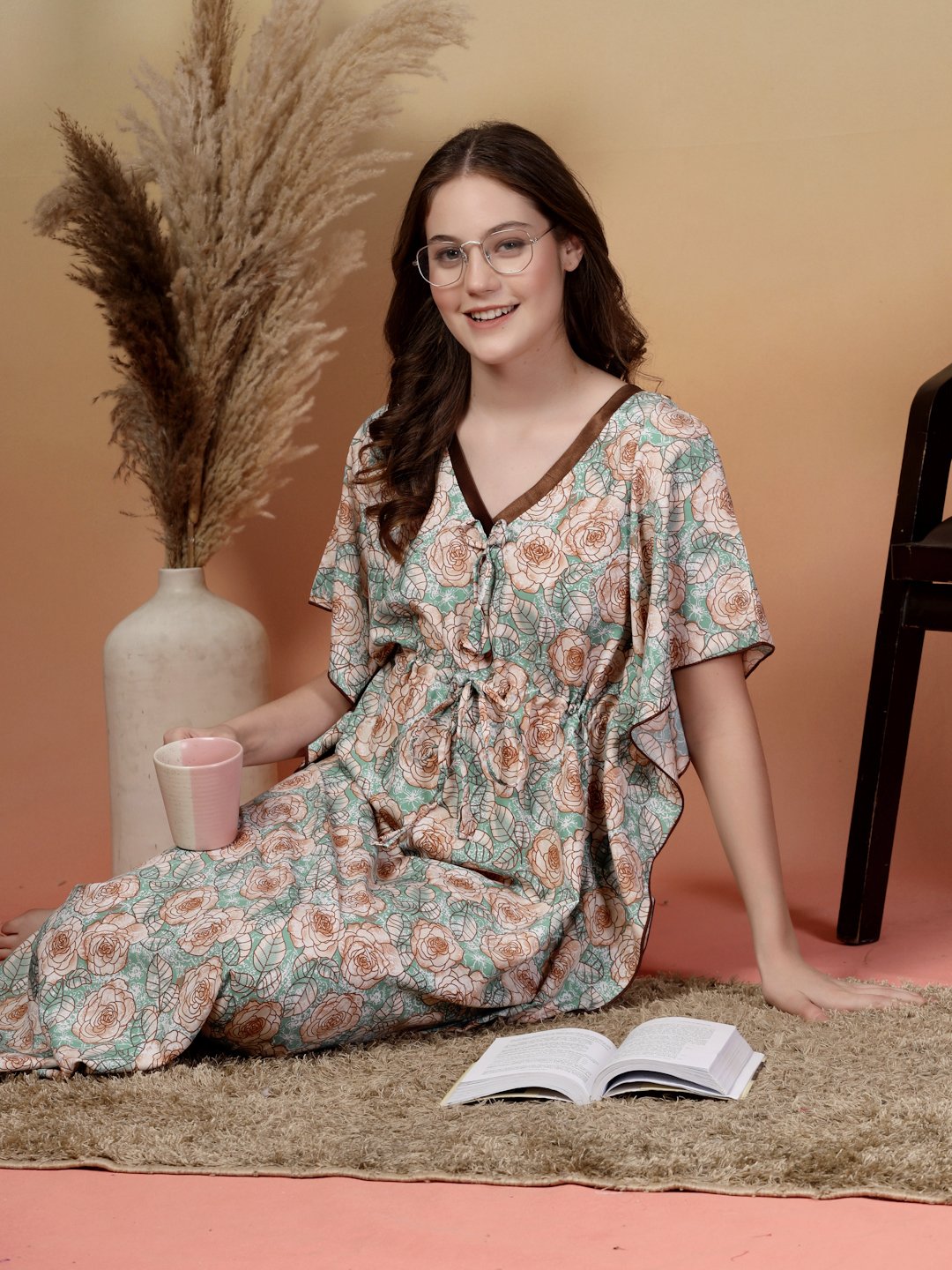 Green Floral Cotton Blend Kaftan Maxi Nightdress