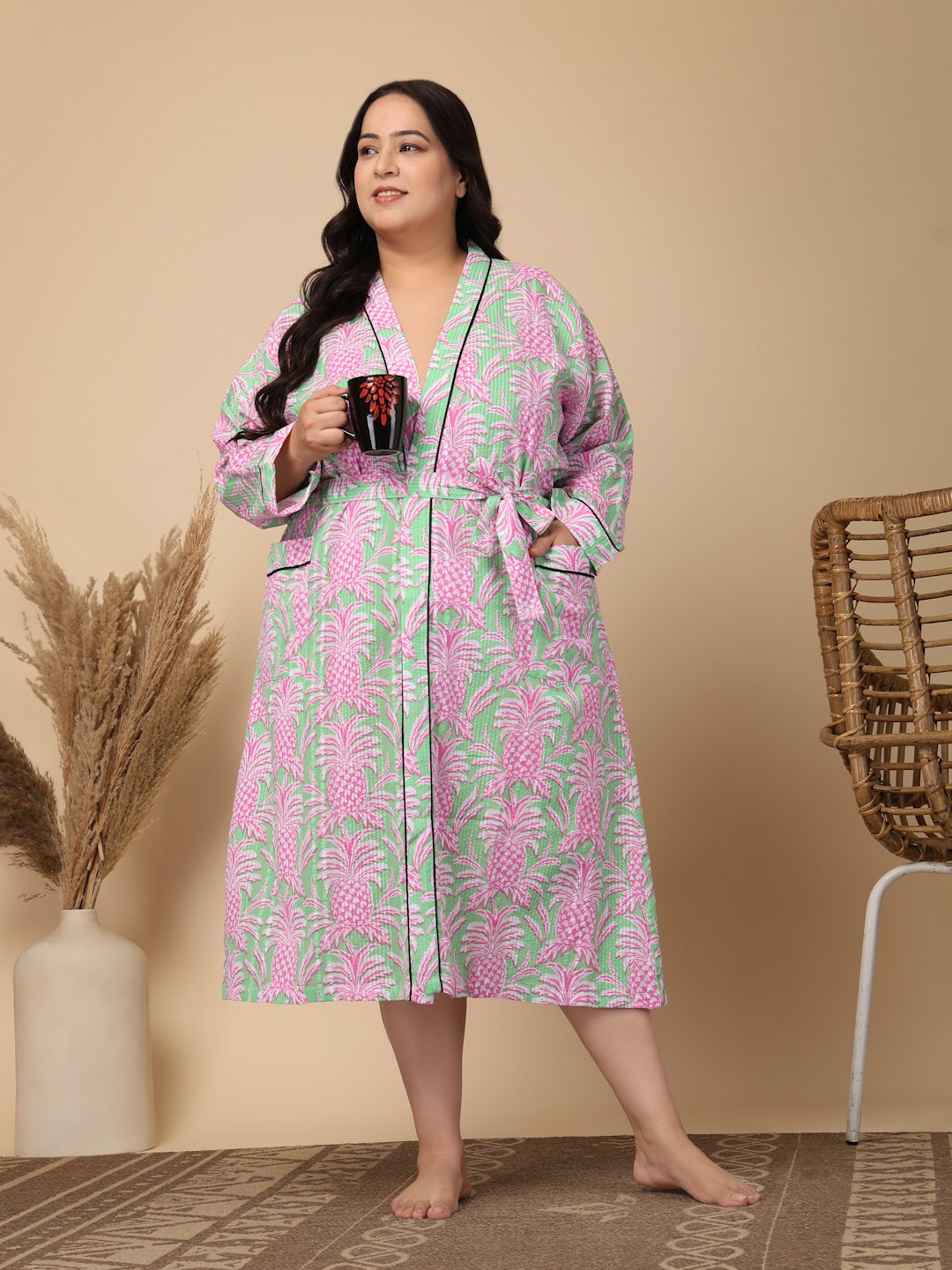 Women Printed Green Floral Plus Size Pure Cotton Bath Robe With Belt
