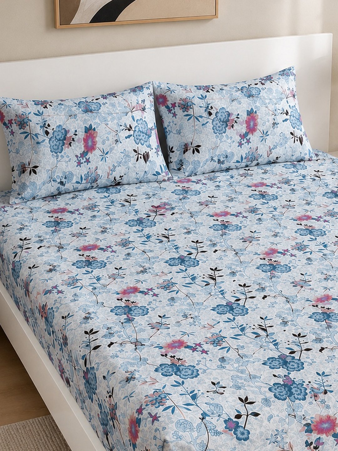 Blue Floral Cotton Blend Fitted Double Bedsheet with 2 Pillow Covers