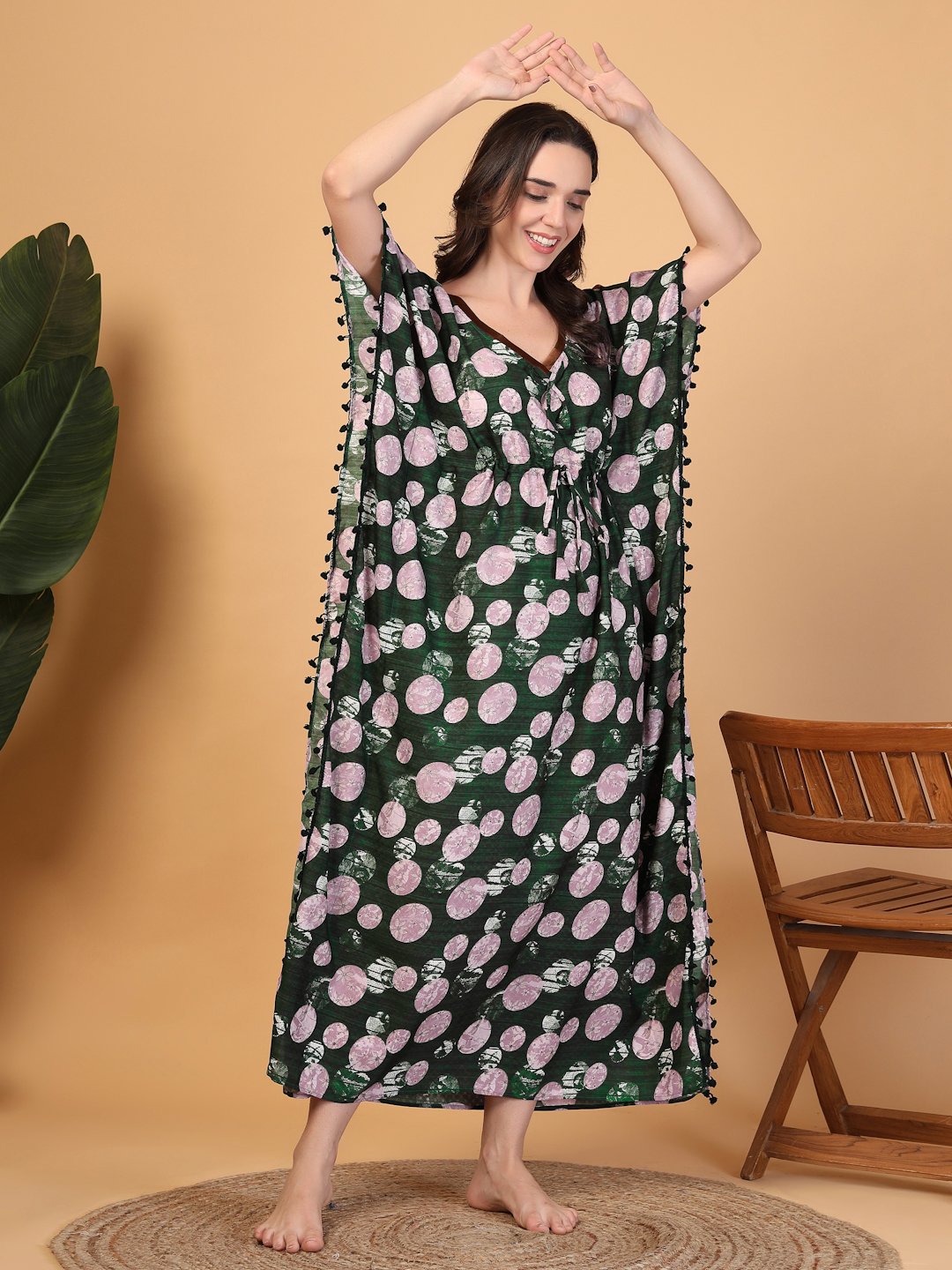 Green Floral Cotton Blend Kaftan Maxi Nightdress