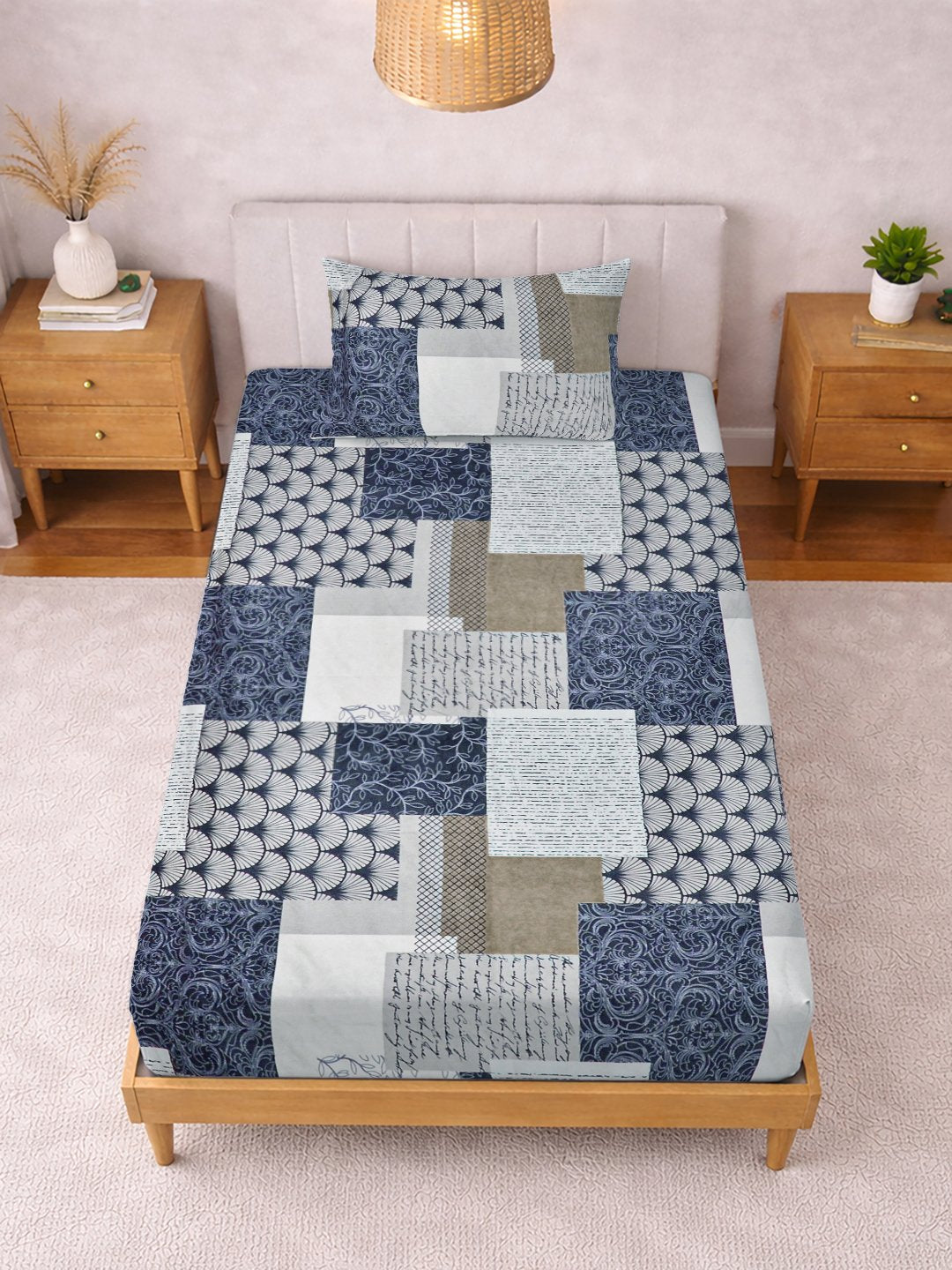 Multi Geometric Cotton Blend Single Bedsheet with Pillow Cover