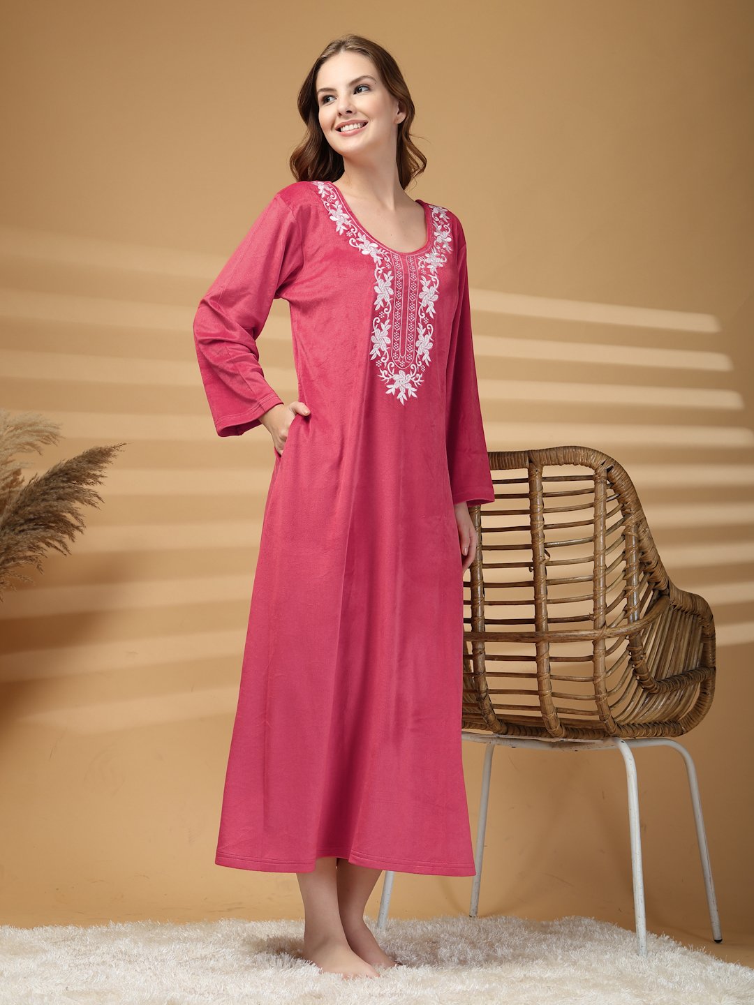 Klotthe Red Solid Soft touch Velvet Maxi Nightdress