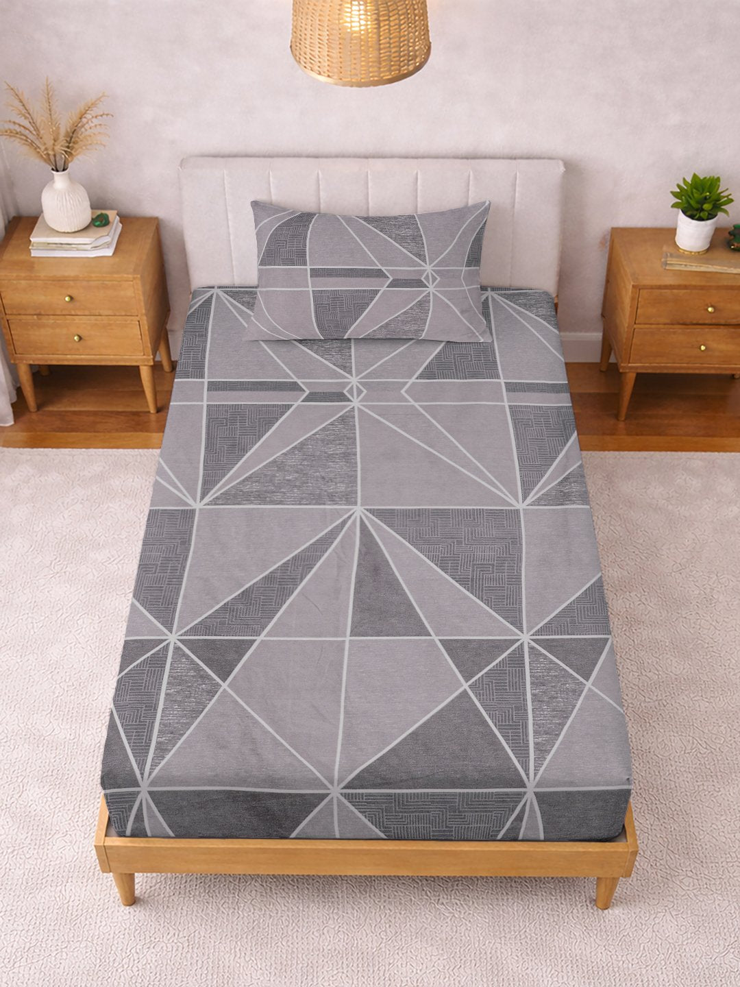 Purple Geometric Cotton Blend Single Bedsheet with Pillow Cover