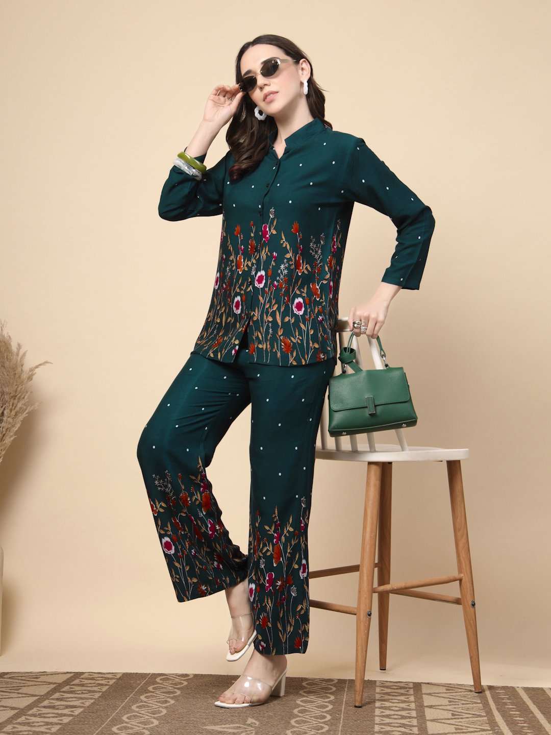Green Cotton Printed Shirt With Trousers Co-Ords Set