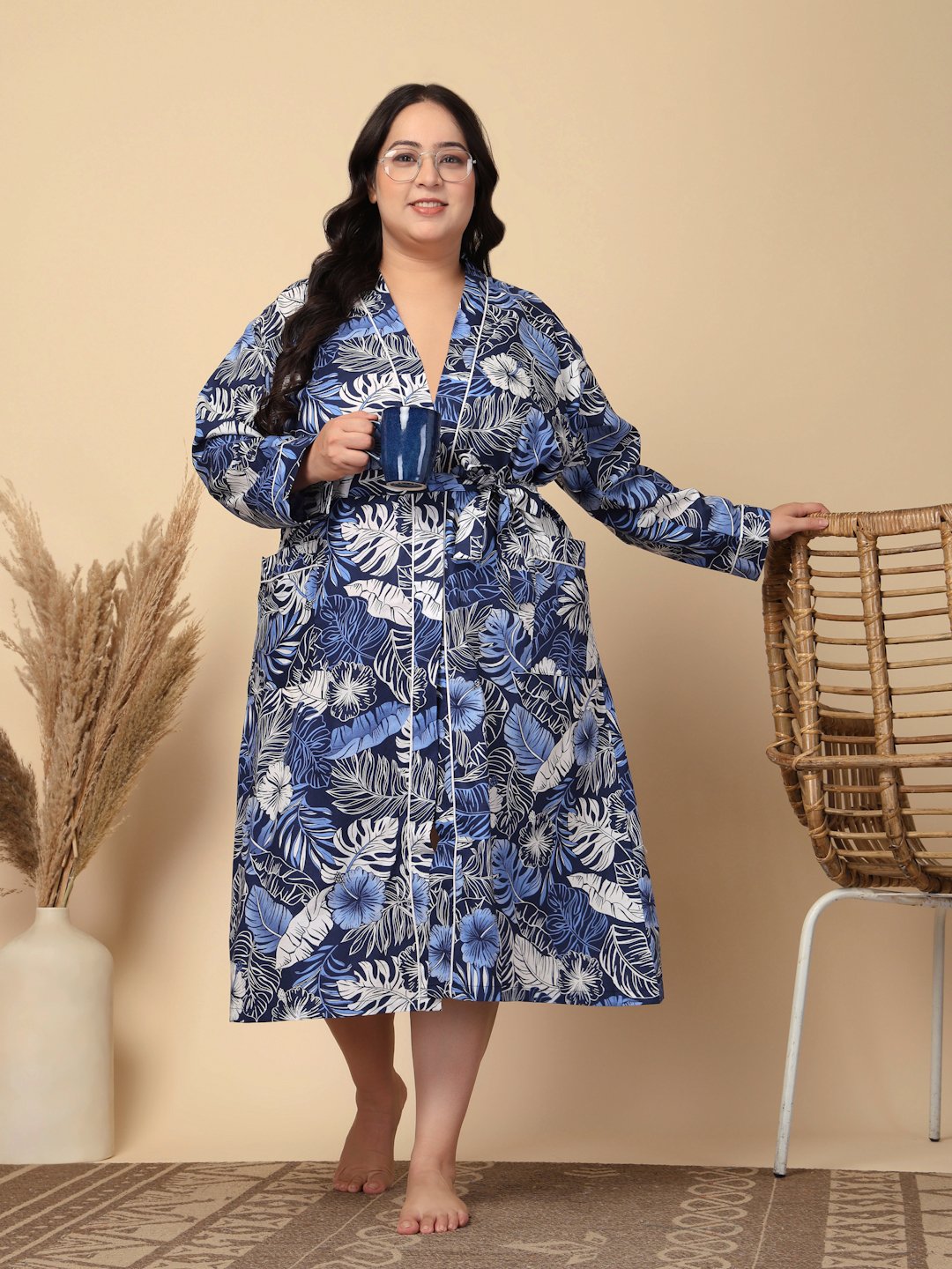 Women Printed Blue Floral  Plus Size Pure Cotton Bath Robe With Belt